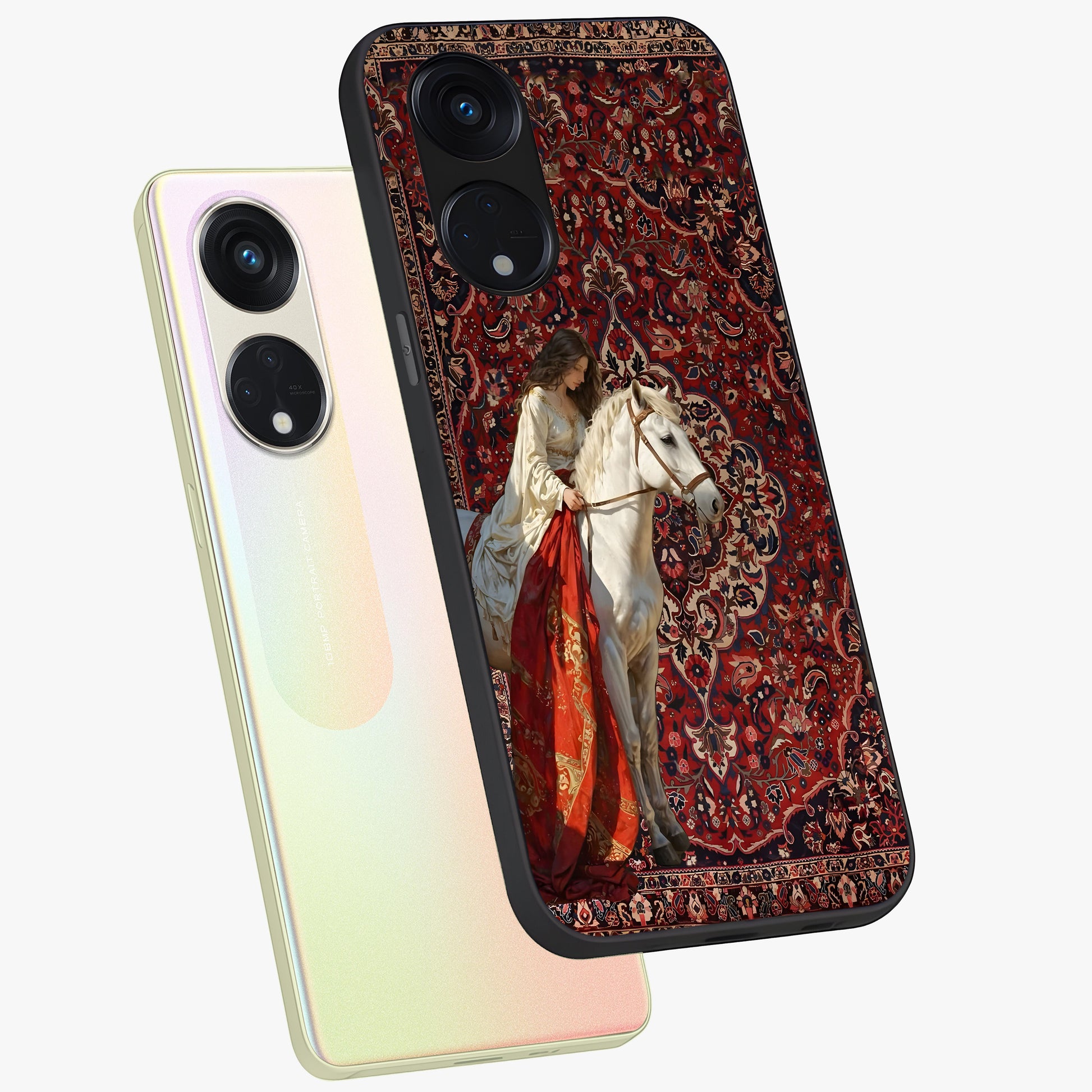 Royal Rider Tapestry Glass Case displayed in angled mockup highlighting traditional tapestry design with royal heritage aesthetic.