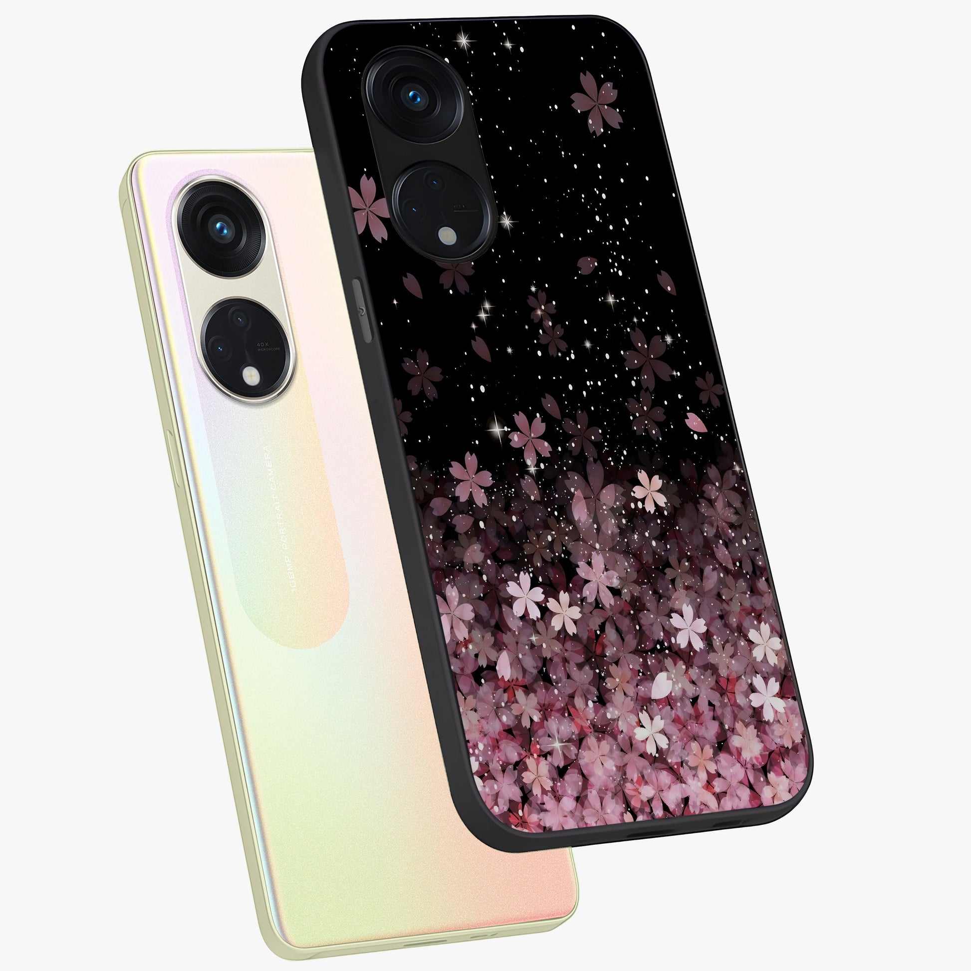 Small Starry Flowers Glass Case displayed in angled mockup highlighting tiny flower pattern with celestial aesthetic style.