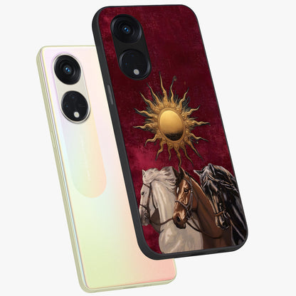 Solar Riders Glass Case displayed in angled mockup highlighting powerful rider illustration with radiant solar aesthetic.