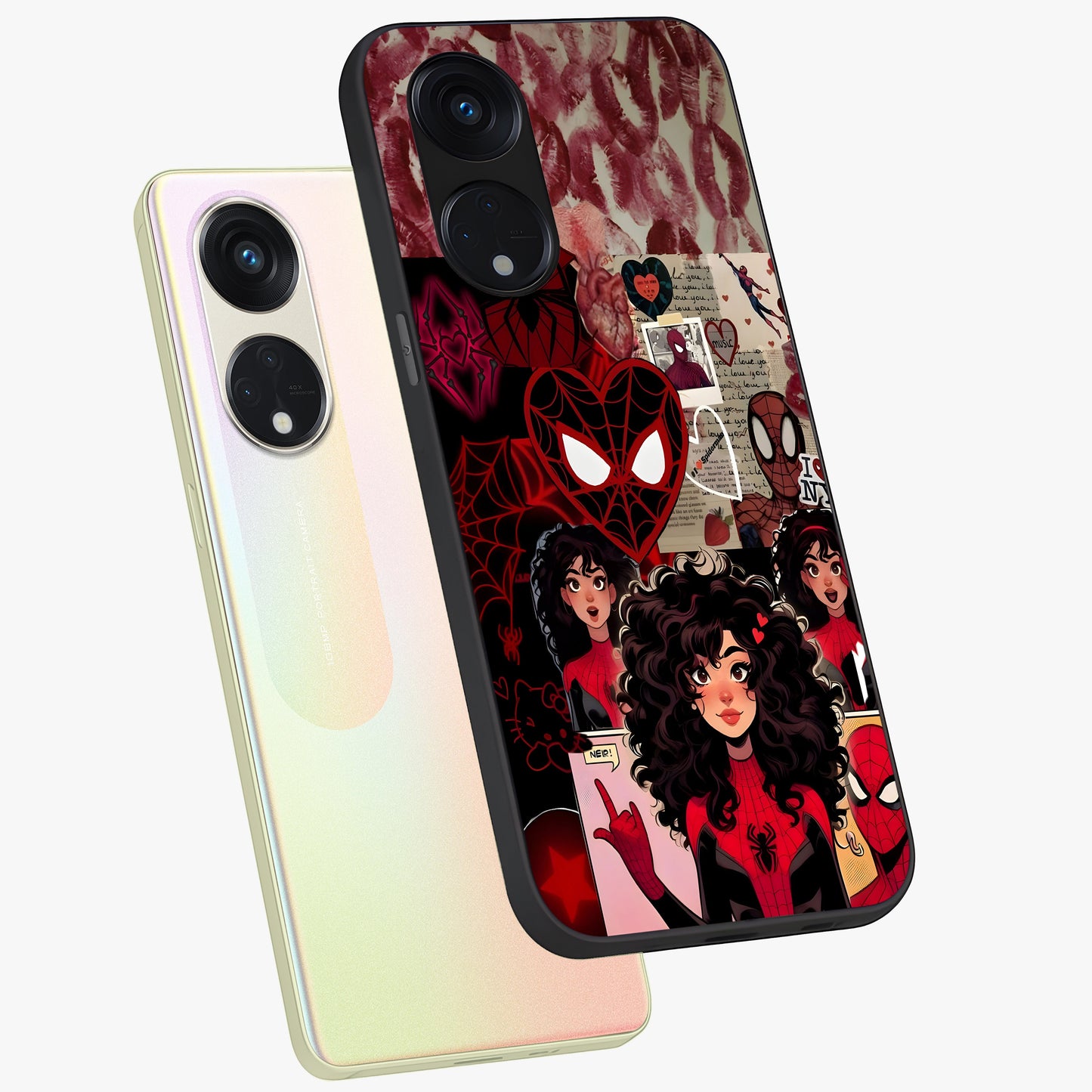 Spider Love Story Glass Case displayed in angled mockup highlighting expressive comic inspired design with playful aesthetic.