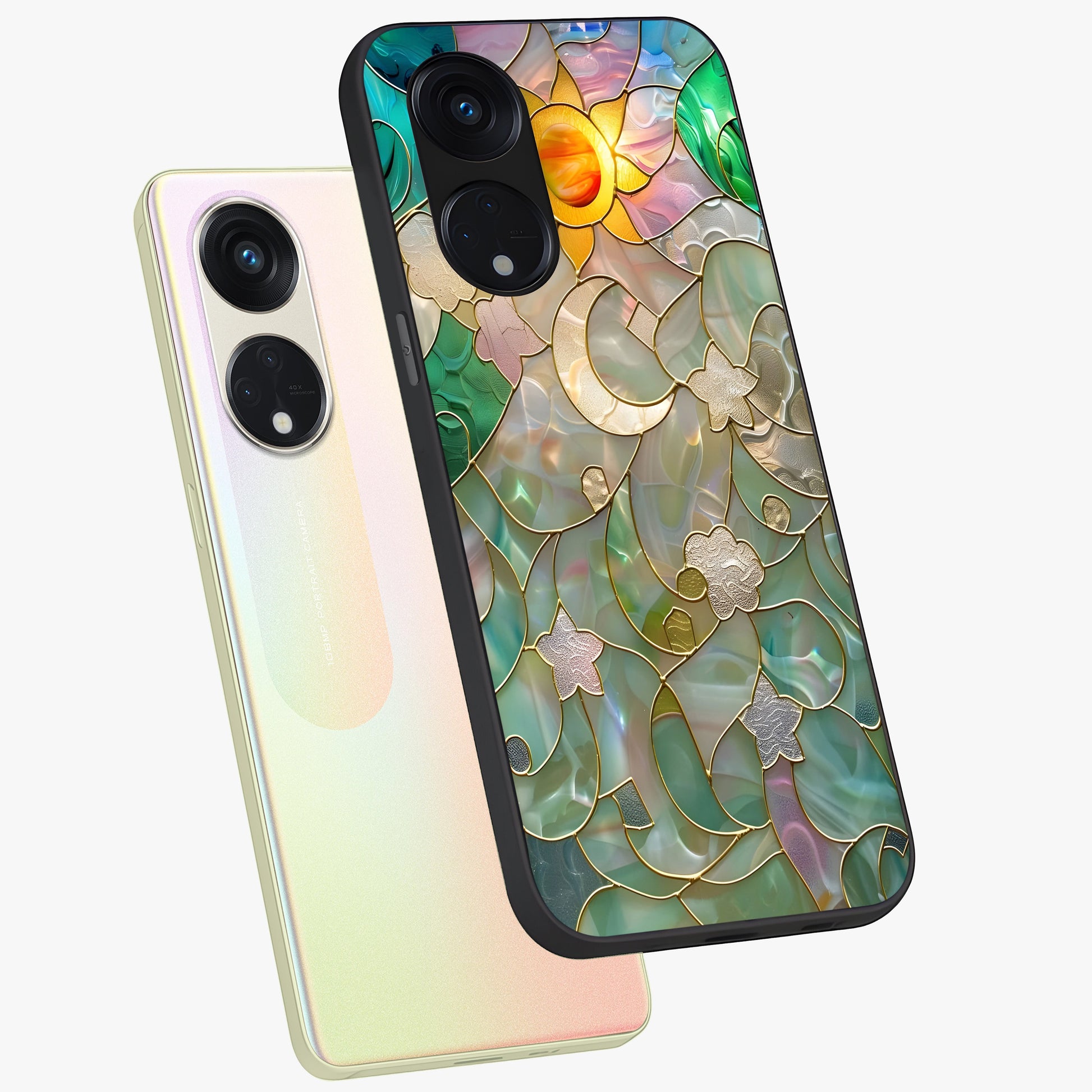 Stained Sunrise Glow Glass Case displayed in angled mockup highlighting radiant sunrise design with artistic aesthetic style.