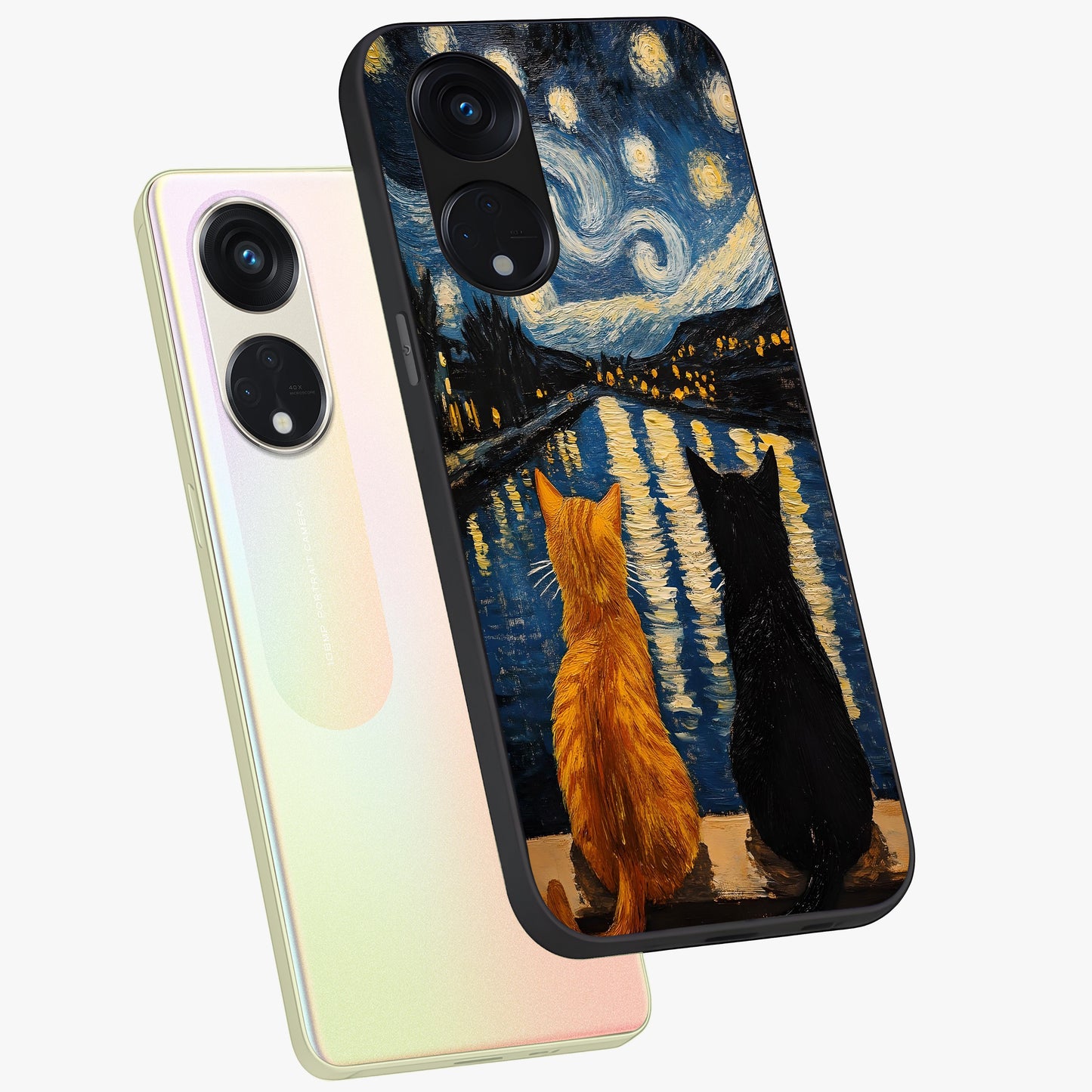 Starry River Cats Glass Case displayed in angled mockup highlighting charming feline illustration with dreamy night aesthetic.