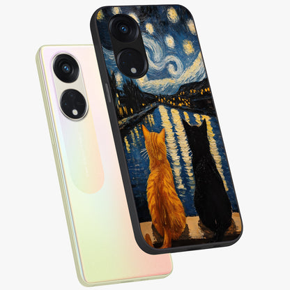 Starry River Cats Glass Case displayed in angled mockup highlighting charming feline illustration with dreamy night aesthetic.