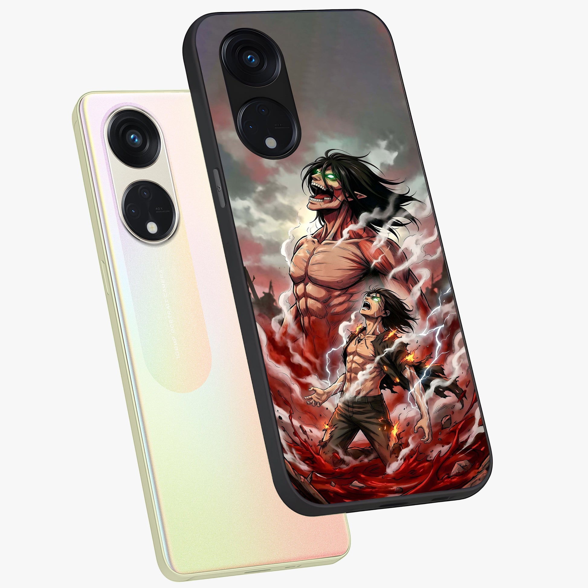 Titan Awakening Fury Glass Case displayed in angled mockup highlighting dramatic giant warrior design with bold anime aesthetic.