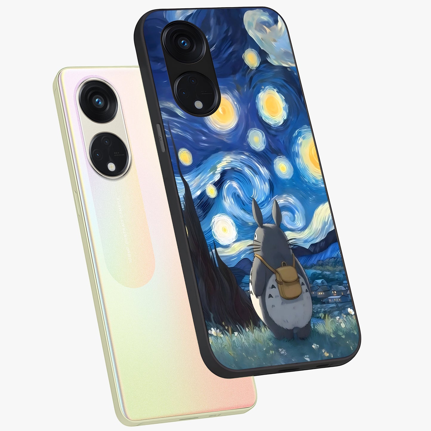 Totoro In Van Gogh Art Glass Case displayed in angled mockup highlighting artistic swirling sky design with playful animation aesthetic.