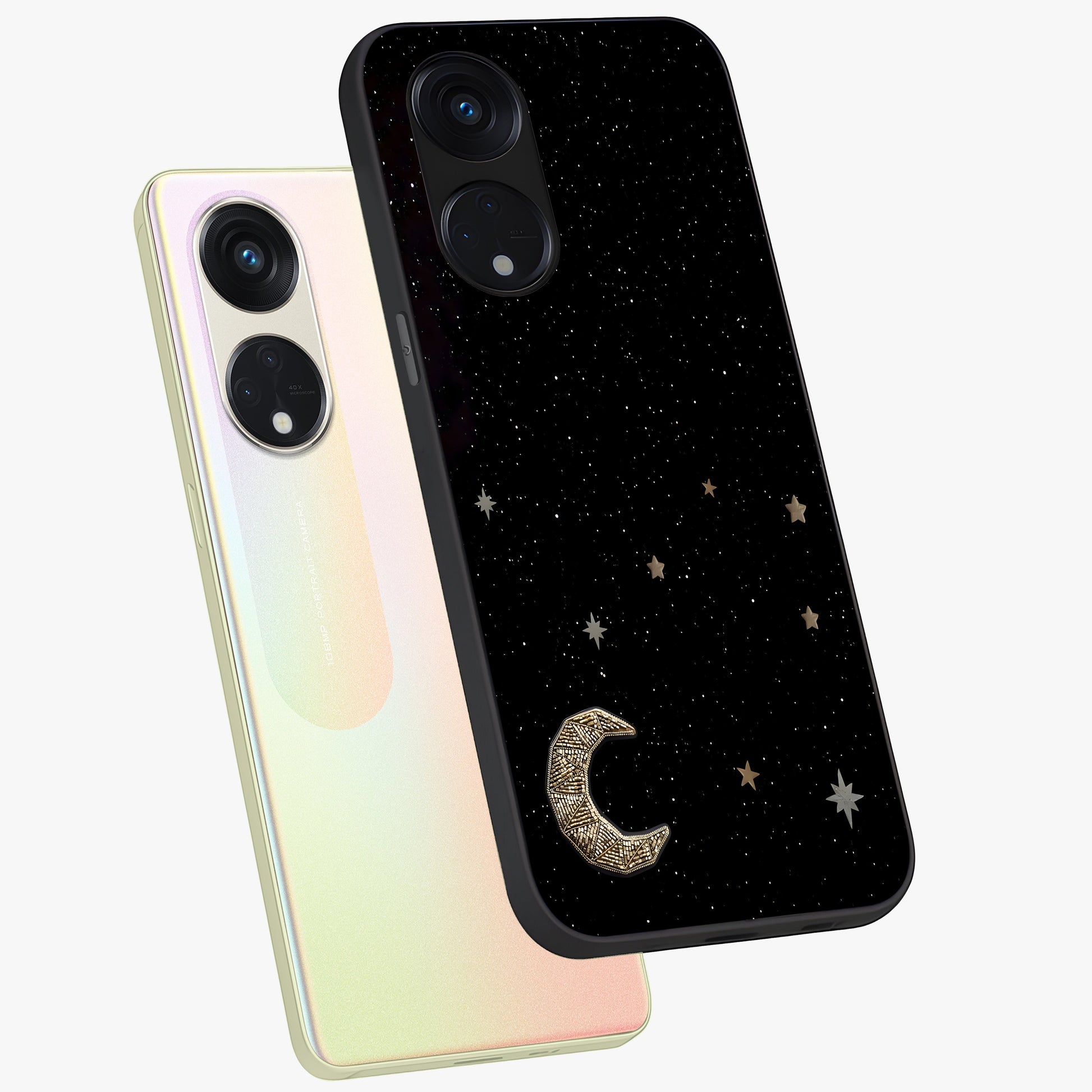 Twinkle Star With Half Moon Glass Case displayed in angled mockup highlighting celestial moon and star design with magical aesthetic.