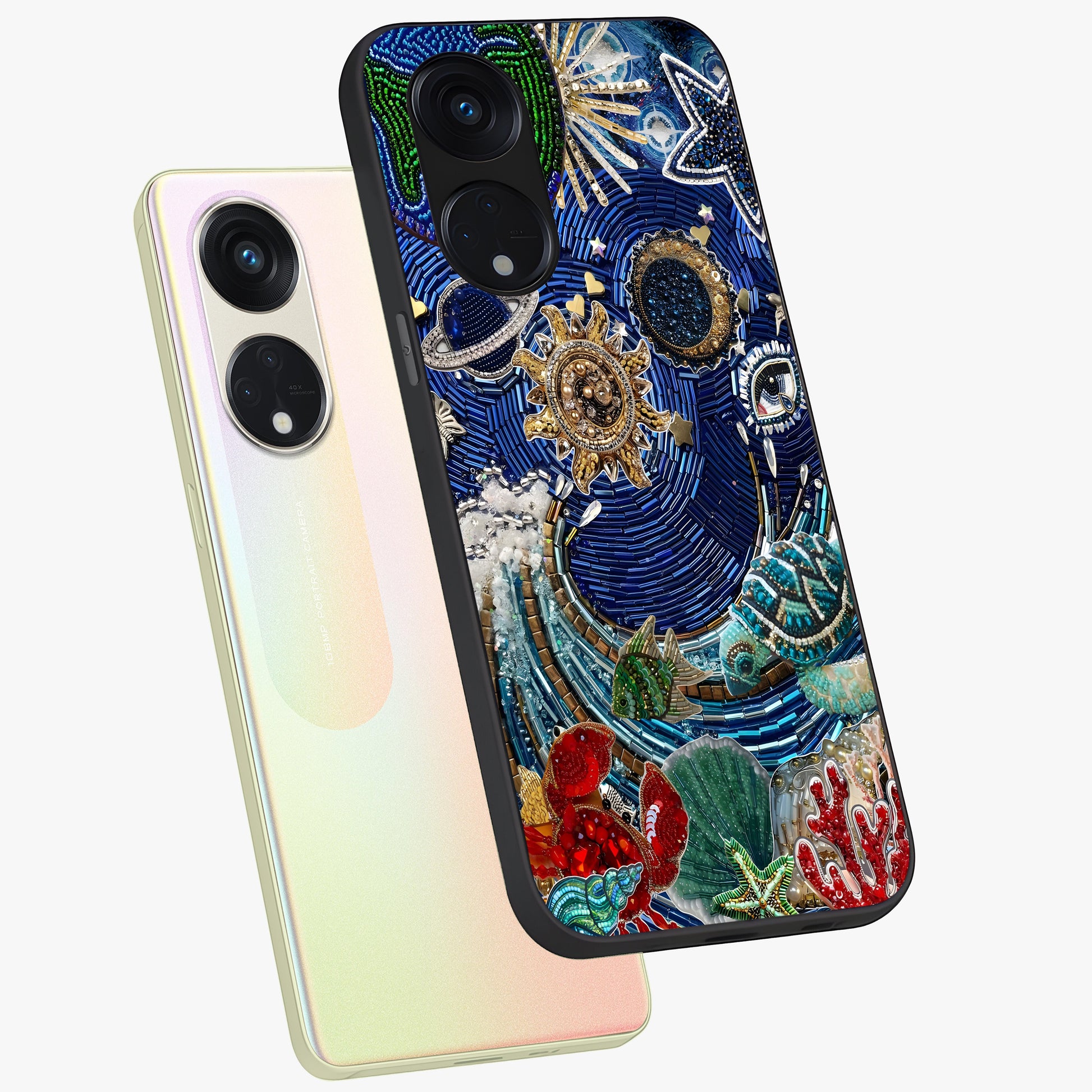 Universe Underwater Spark Glass Case displayed in angled mockup highlighting glowing aquatic design with celestial aesthetic.