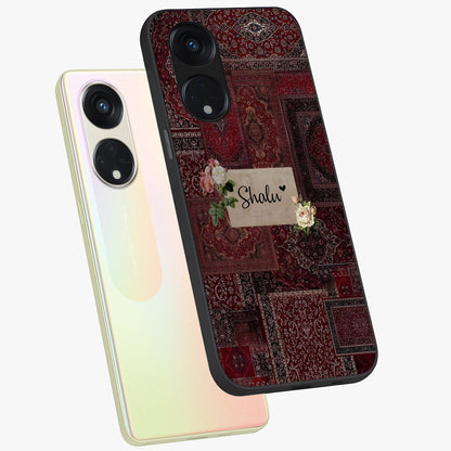 Velvet Wine Pattern Custom Name Glass Case displayed in angled mockup highlighting decorative velvet inspired design with custom name feature.