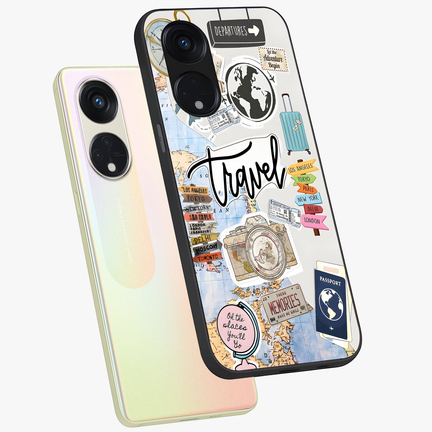 Wanderlust Journal Glass Case displayed in angled mockup highlighting adventure themed design with aesthetic travel vibe.