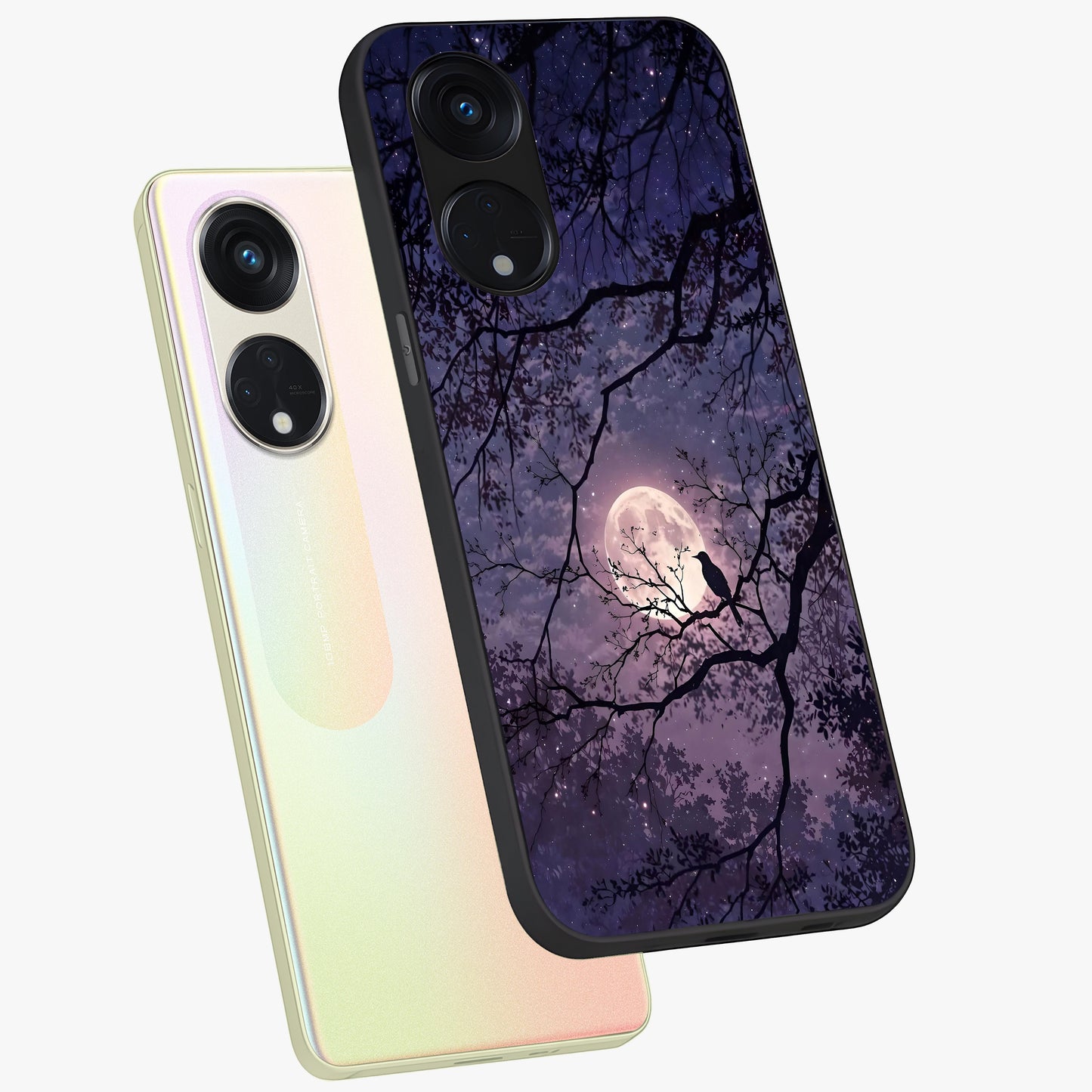 Whispering Moon Silence Glass Case displayed in angled mockup highlighting calm lunar design with dreamy night aesthetic.