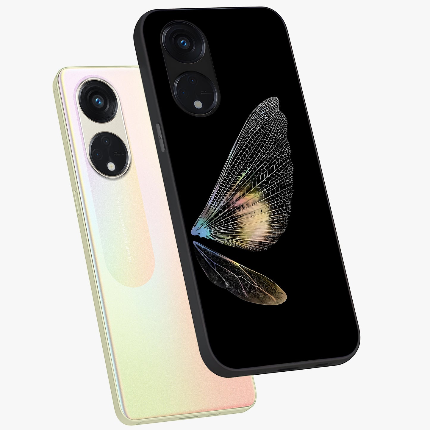 Whispers Of Wings Glass Case displayed in angled mockup highlighting soft feather design with celestial aesthetic style.
