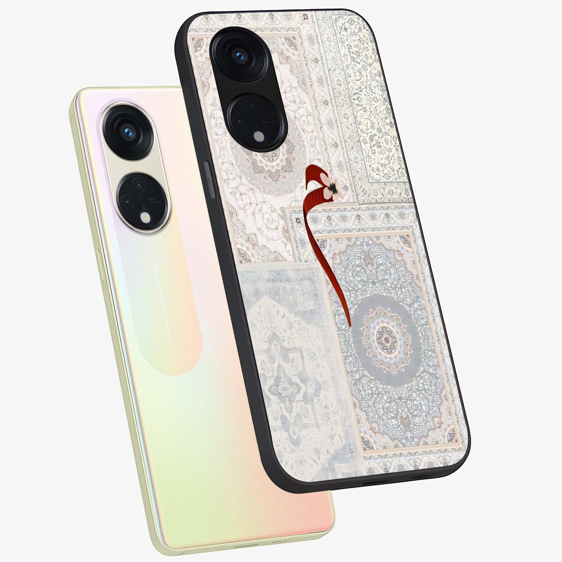 White Aesthetic Bow Glass Case displayed in angled mockup highlighting clean bow design with soft aesthetic style.