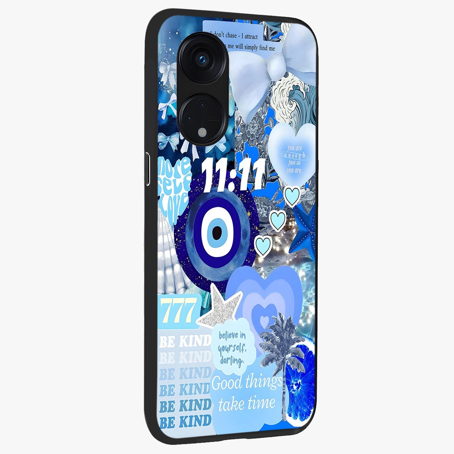 Aesthetic Be Kind Eye Glass Case upright view showcasing stylish eye illustration with positive message theme.