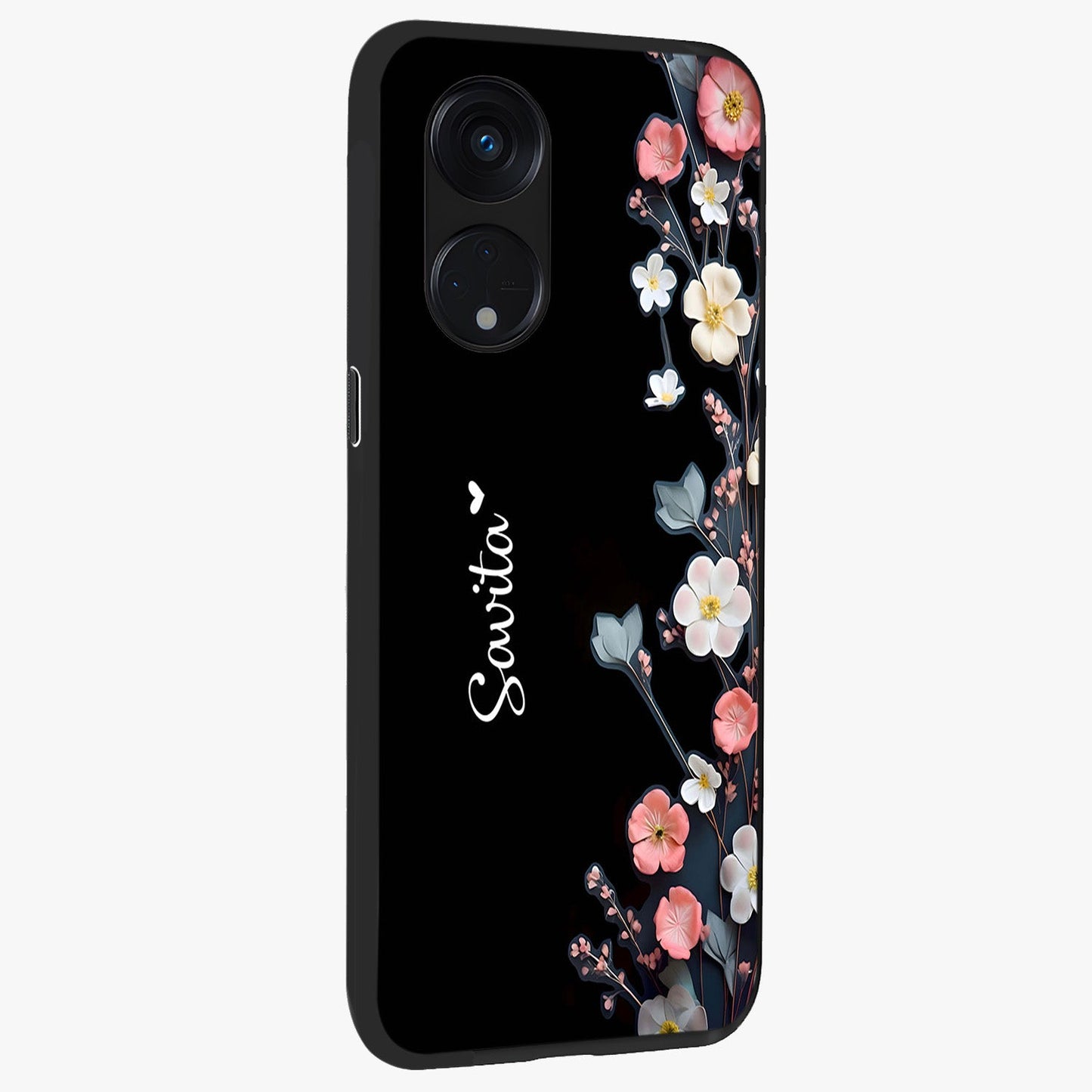 Black Elegance Floral Custom Name Glass Case upright view showcasing luxurious black floral design with personalized name detail.