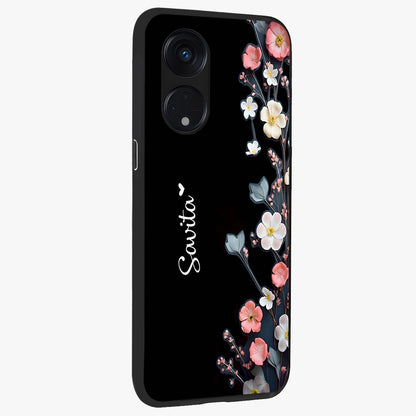 Black Elegance Floral Custom Name Glass Case upright view showcasing luxurious black floral design with personalized name detail.
