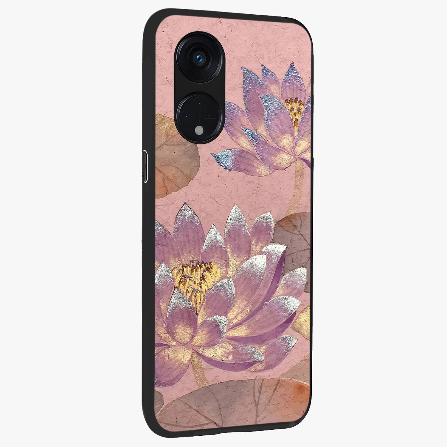 Blossom Mist Lotus Glass Case upright view showcasing graceful lotus flower design with peaceful botanical style.