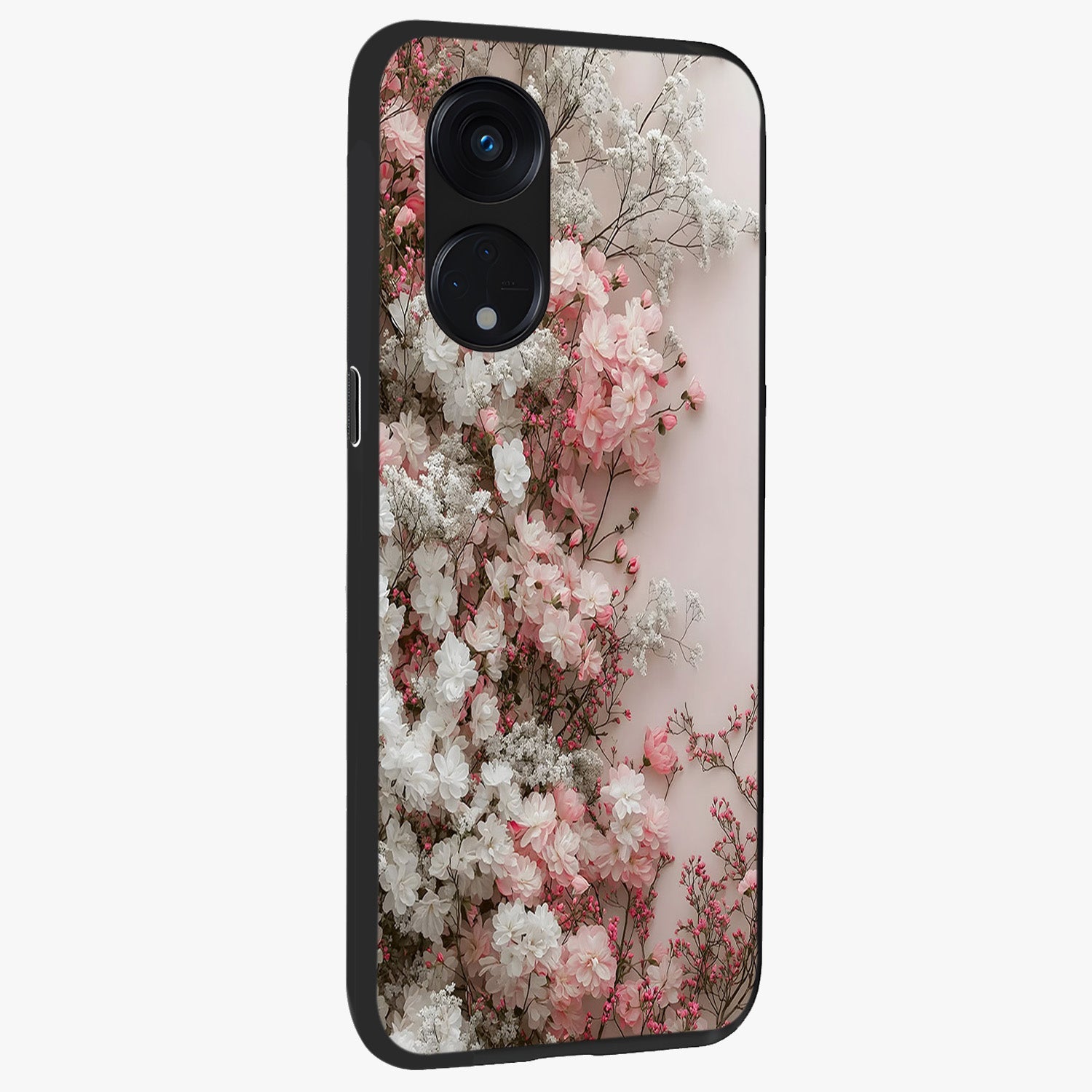 Blush Blossom Cloud Glass Case upright view showcasing calm floral cloud artwork with gentle dreamy theme.