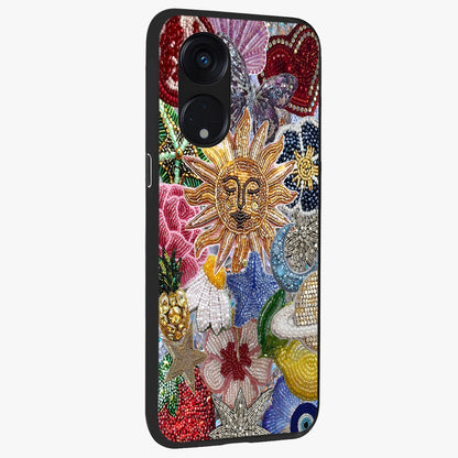 Celestial Floral and Playful Glass Case upright view showcasing whimsical floral artwork with cosmic aesthetic theme.