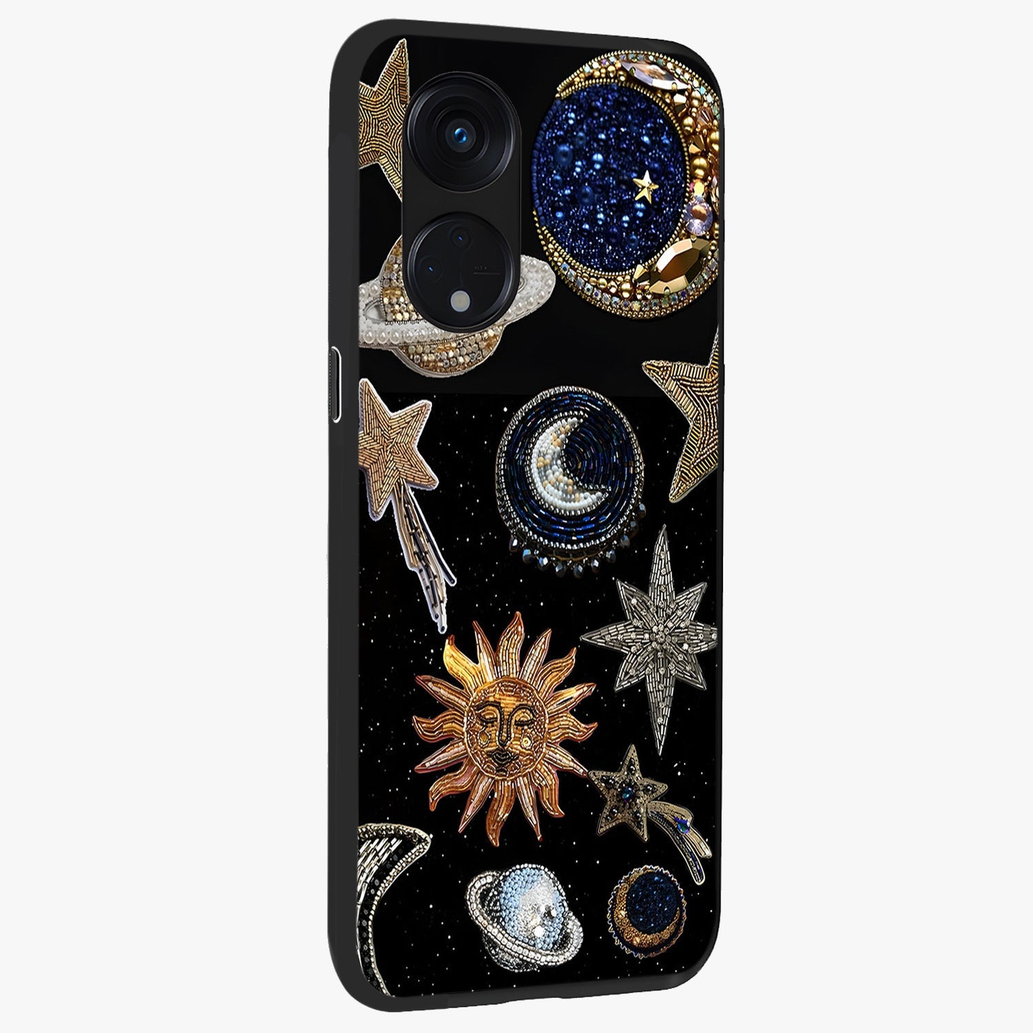 Celestial Gem Constellations Glass Case upright view showcasing cosmic constellation artwork with celestial aesthetic style.