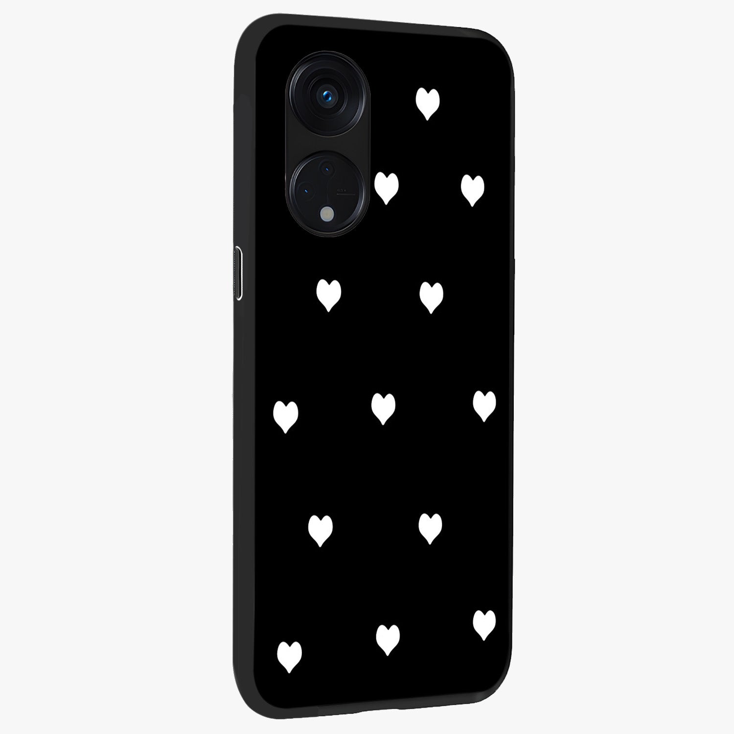 Cute And Simple White Hearts Glass Case upright view showcasing simple white hearts artwork with soft minimal theme.