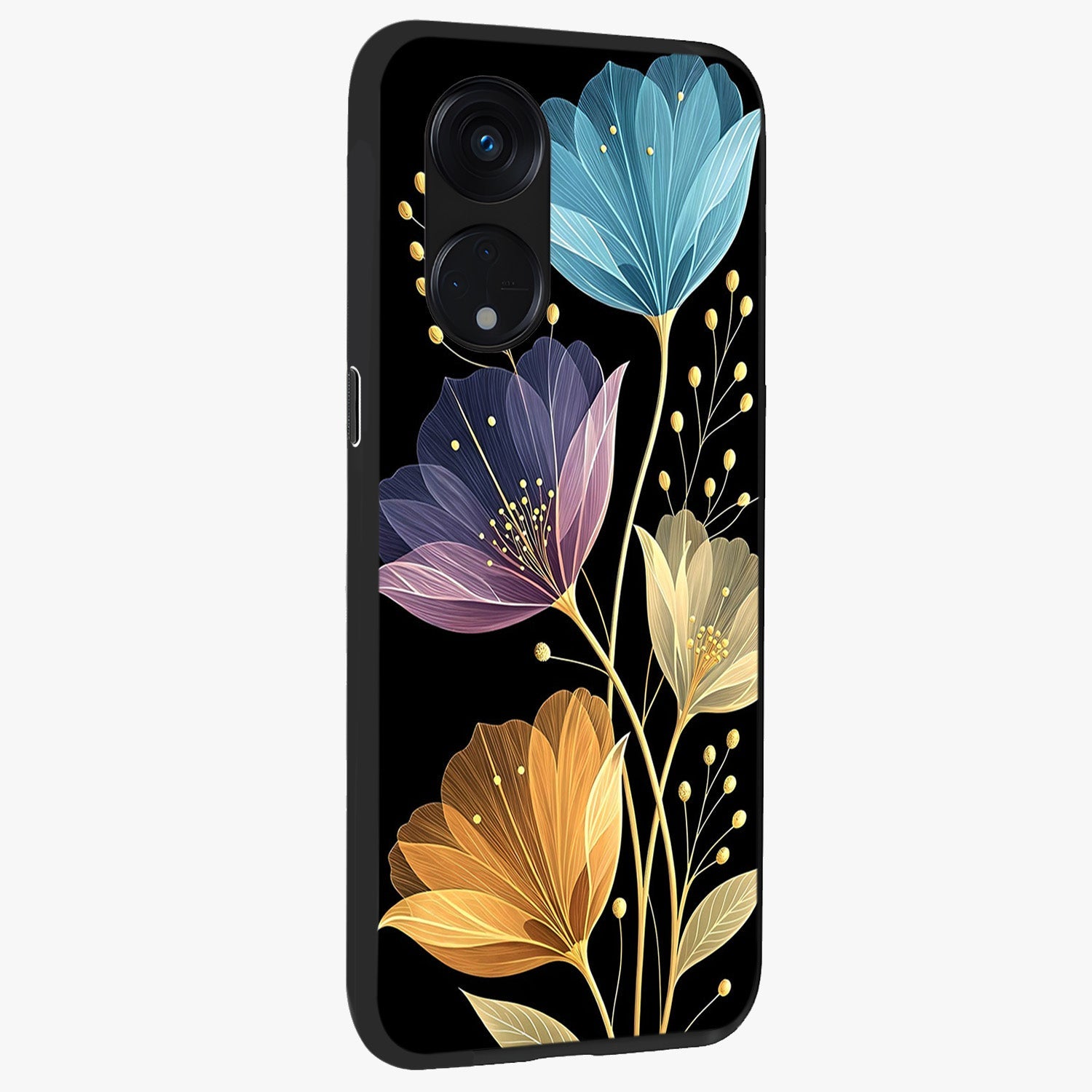 Delicate Multicolor Flowers Glass Case upright view showcasing delicate floral artwork with bright botanical theme.