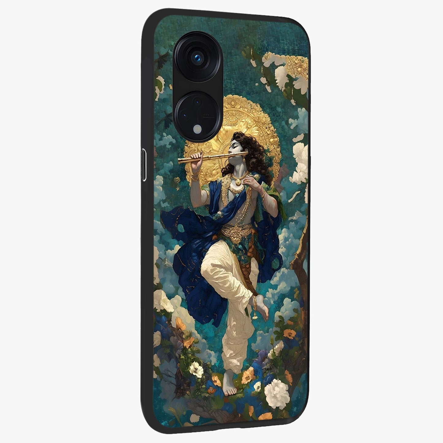 Divine Krishna Art Glass Case upright view showcasing divine Krishna artwork with sacred artistic theme.