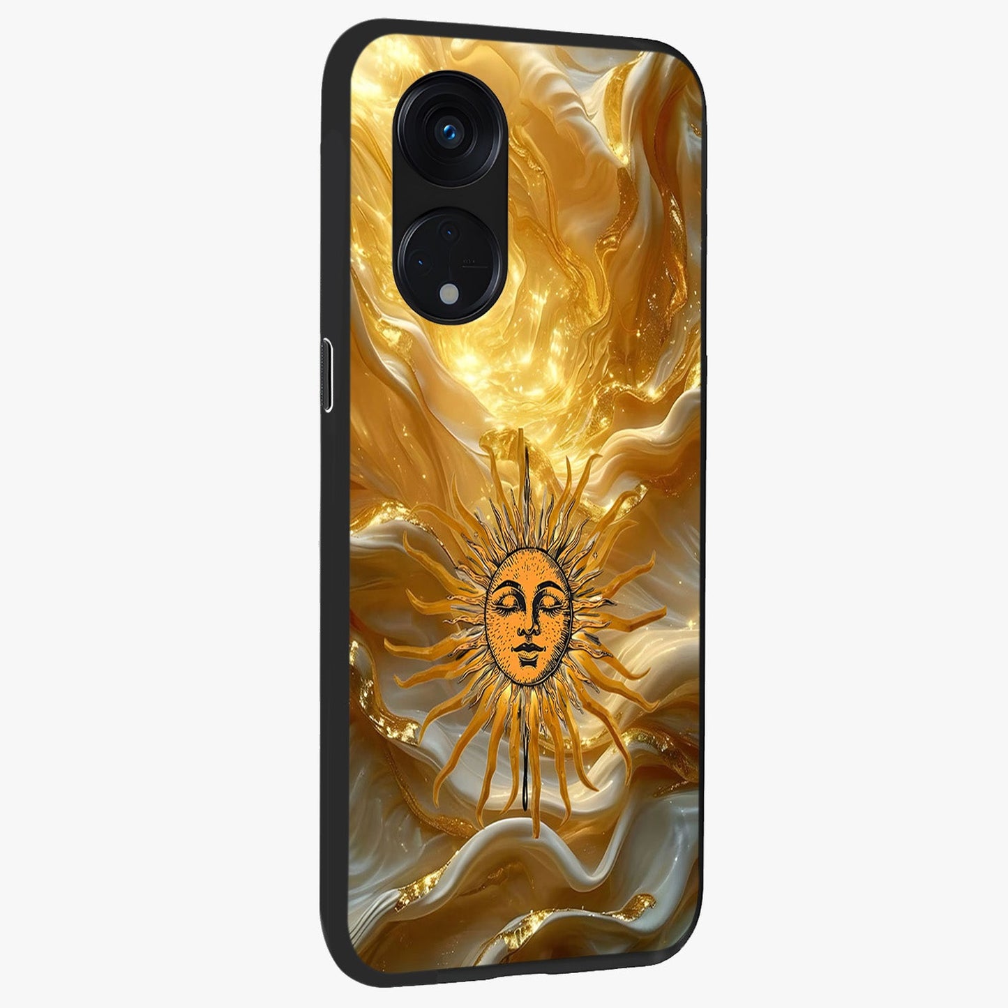 Eternal Golden Glow Glass Case upright view showcasing luminous golden artwork with luxurious visual theme.