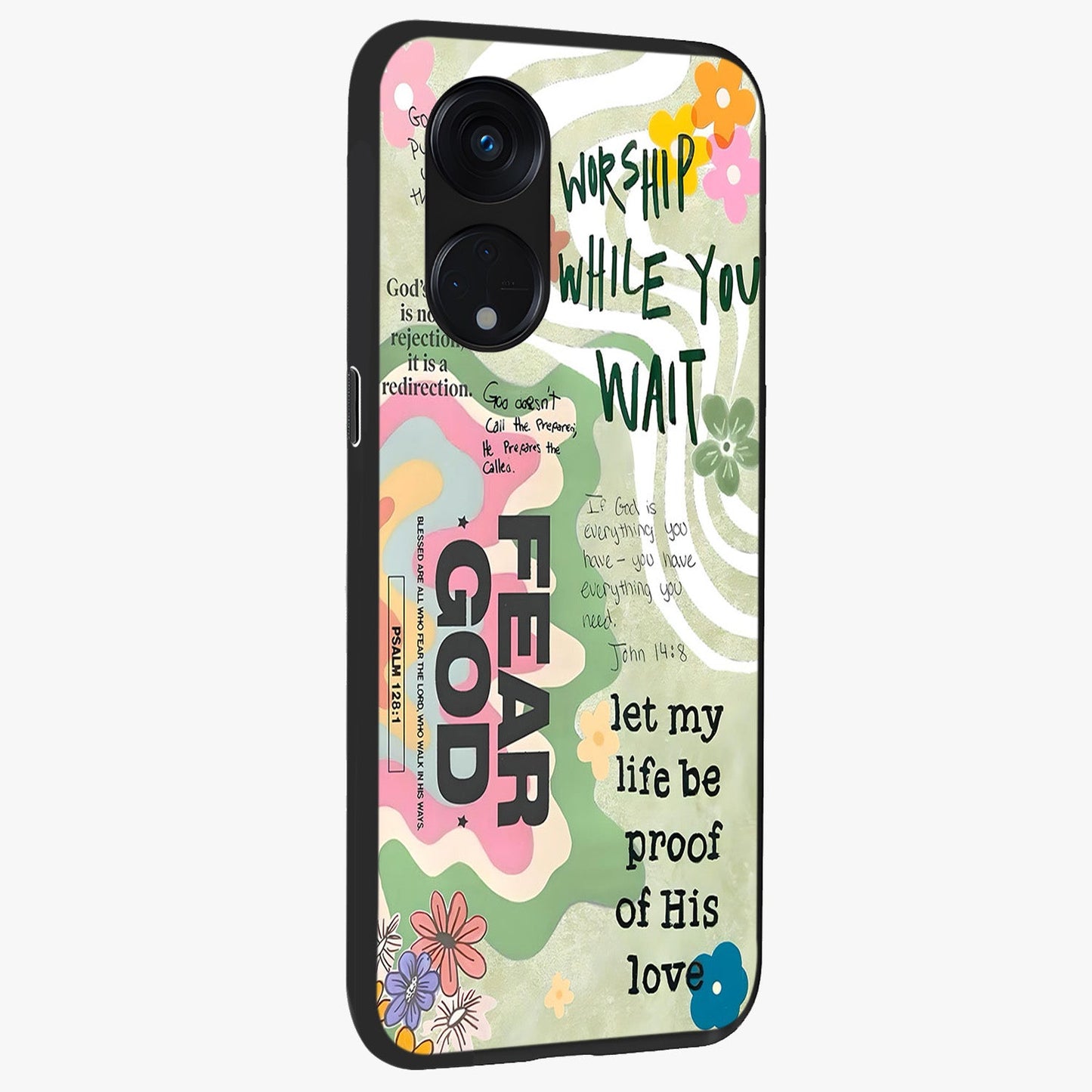 Faith Over Fear Glass Case upright view showcasing bold typography artwork with uplifting motivational theme.