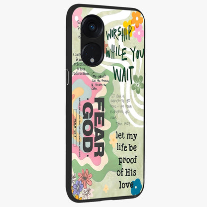Faith Over Fear Glass Case upright view showcasing bold typography artwork with uplifting motivational theme.
