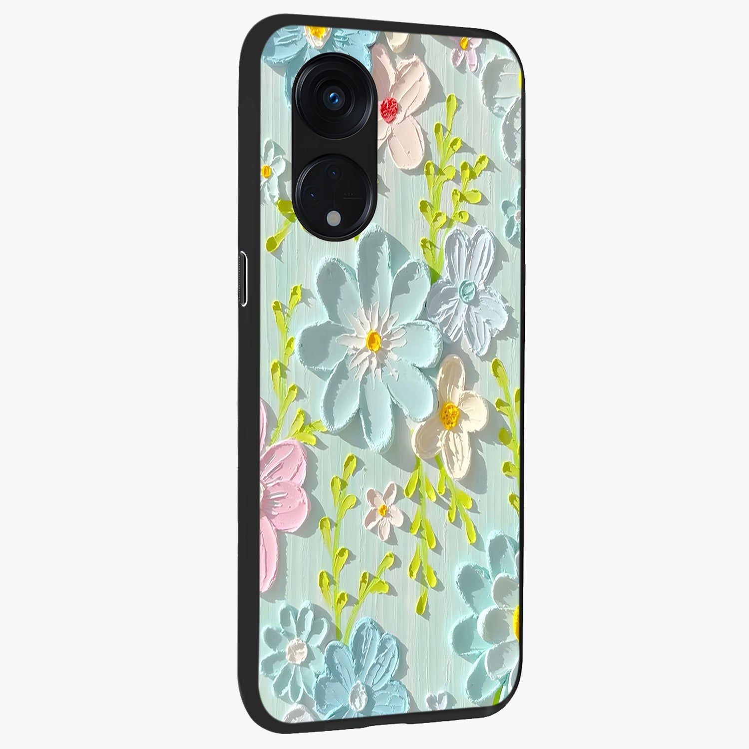 Frosted Petal Garden Glass Case upright view showcasing elegant floral garden artwork with soothing pastel theme.