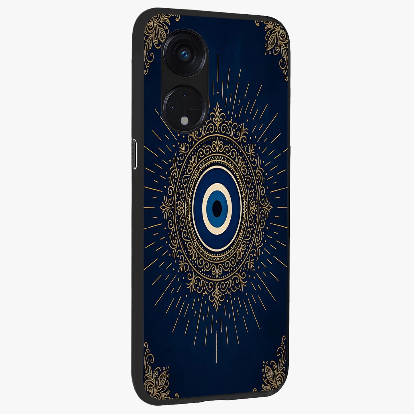 Golden Celestial Charm Glass Case upright view showcasing radiant celestial artwork with elegant golden theme.