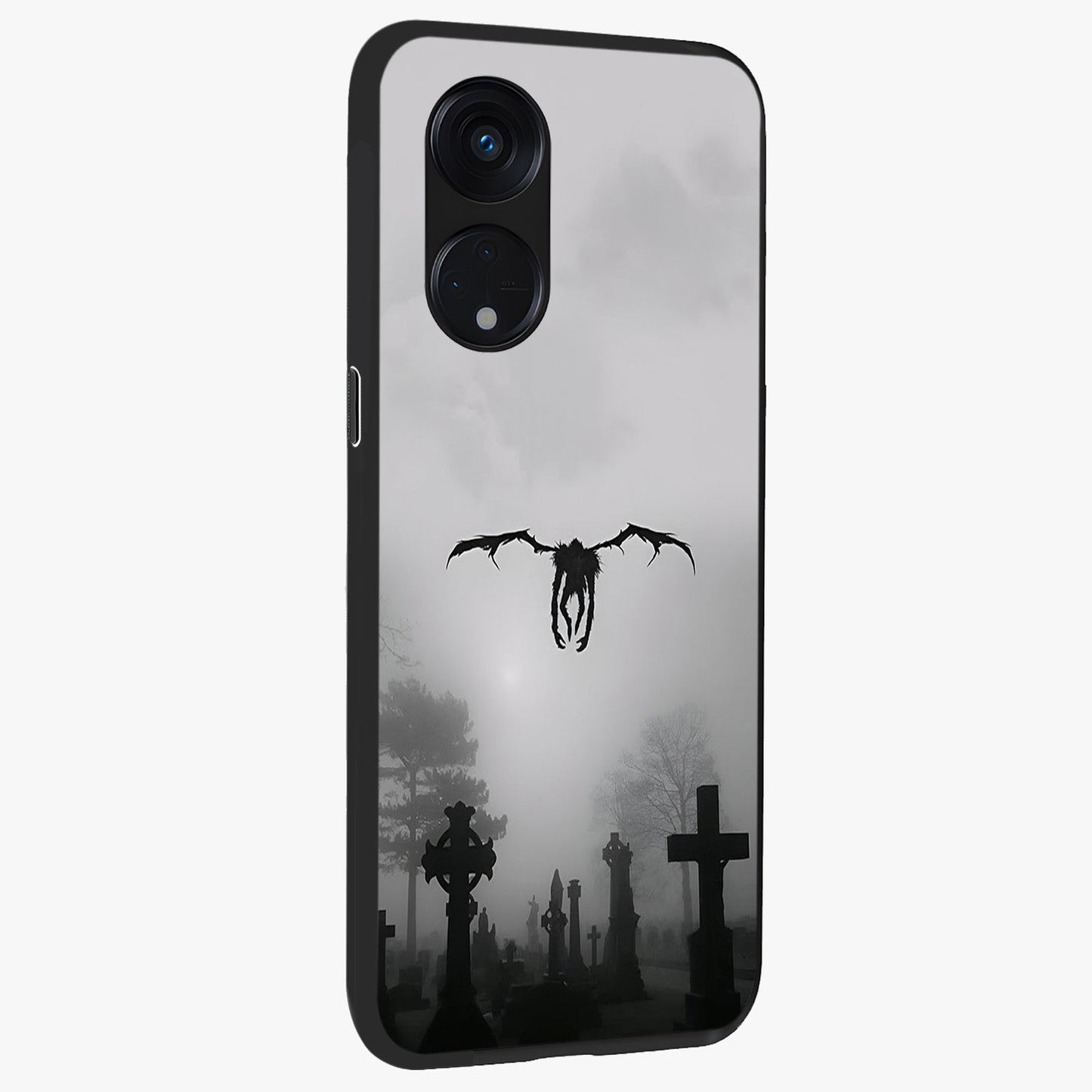 Graveyard Shadow Descent Glass Case upright view showcasing haunting graveyard artwork with dramatic dark theme.