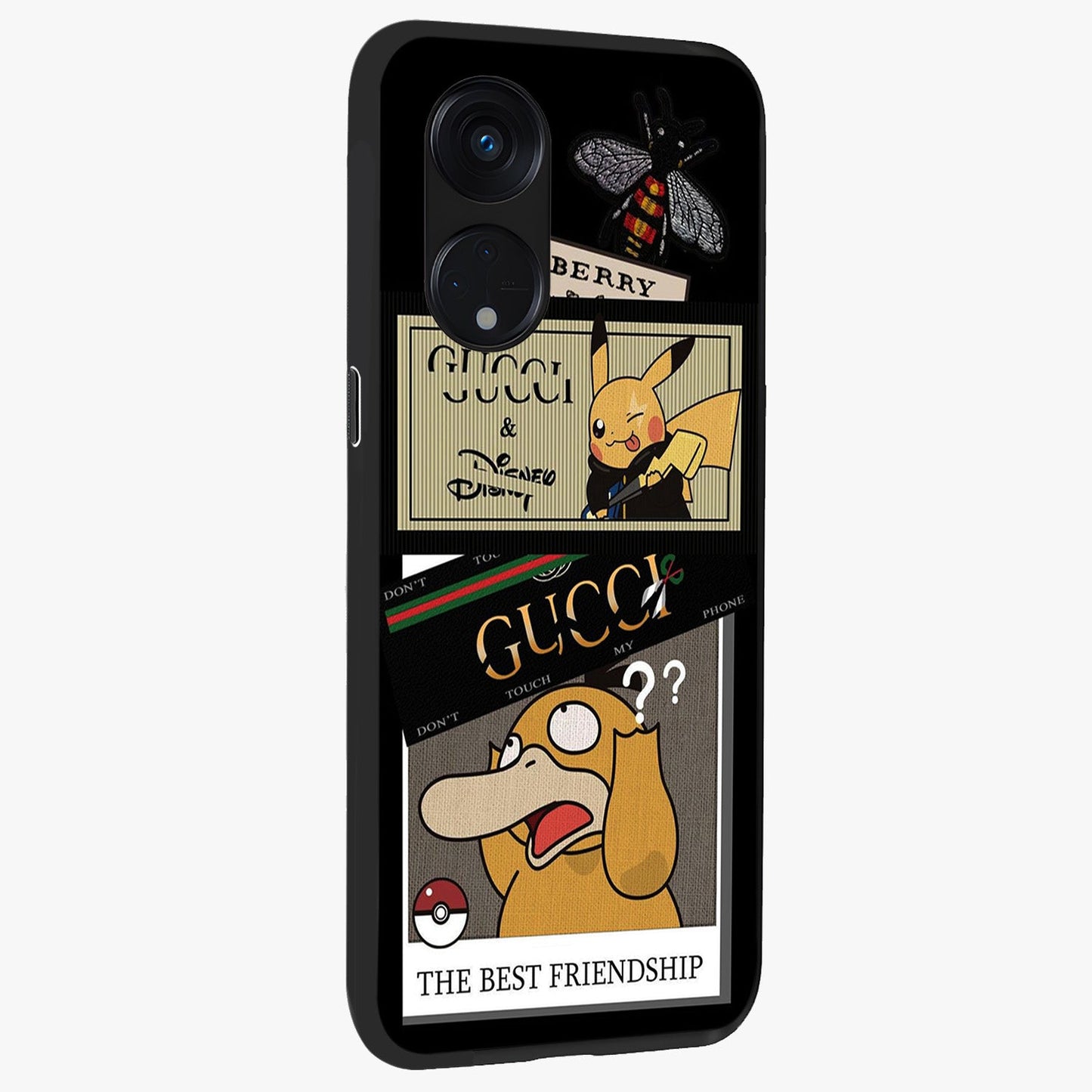 Gucci Play Mashup Glass Case upright view showcasing trendy luxury inspired artwork with modern fashion theme.