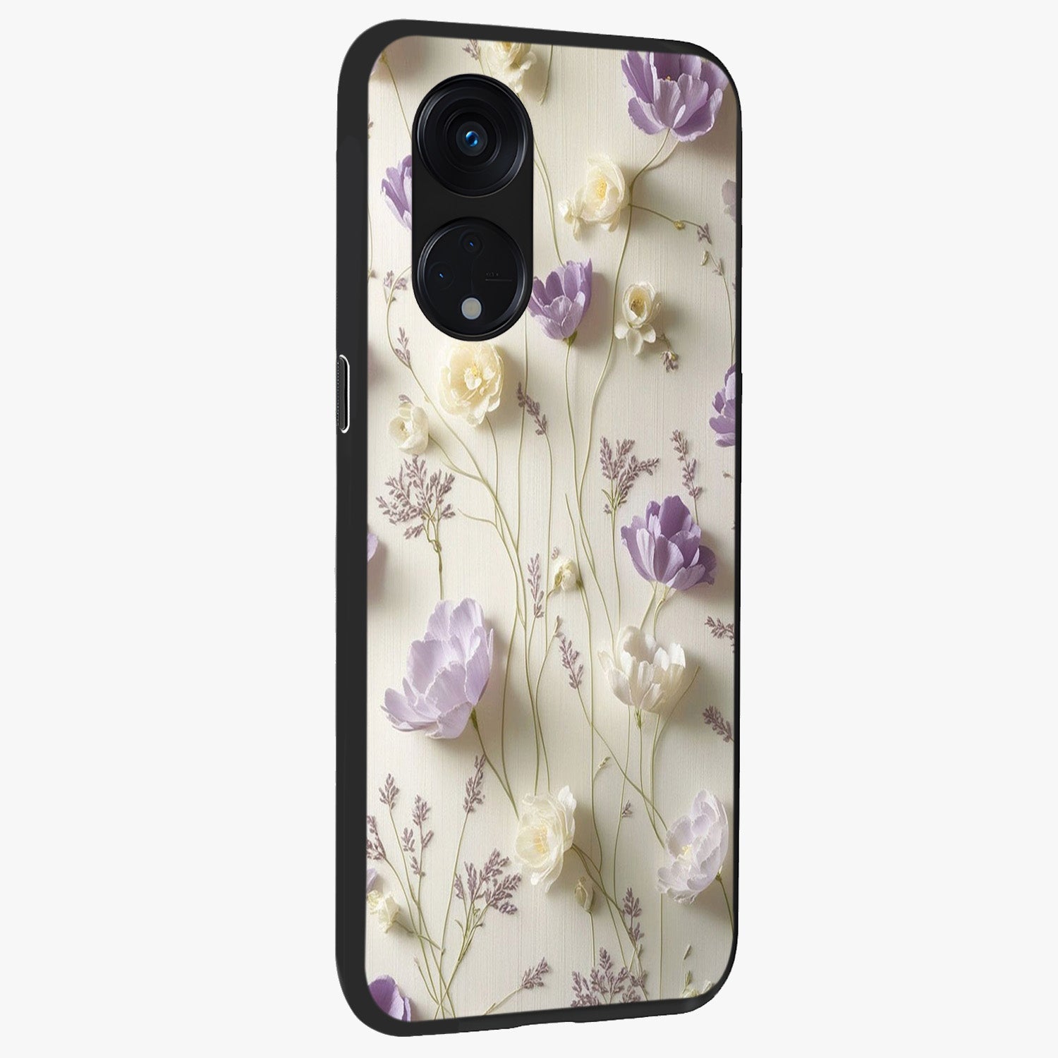 Lilac Breeze Harmony Glass Case upright view showcasing delicate lilac artwork with peaceful floral theme.