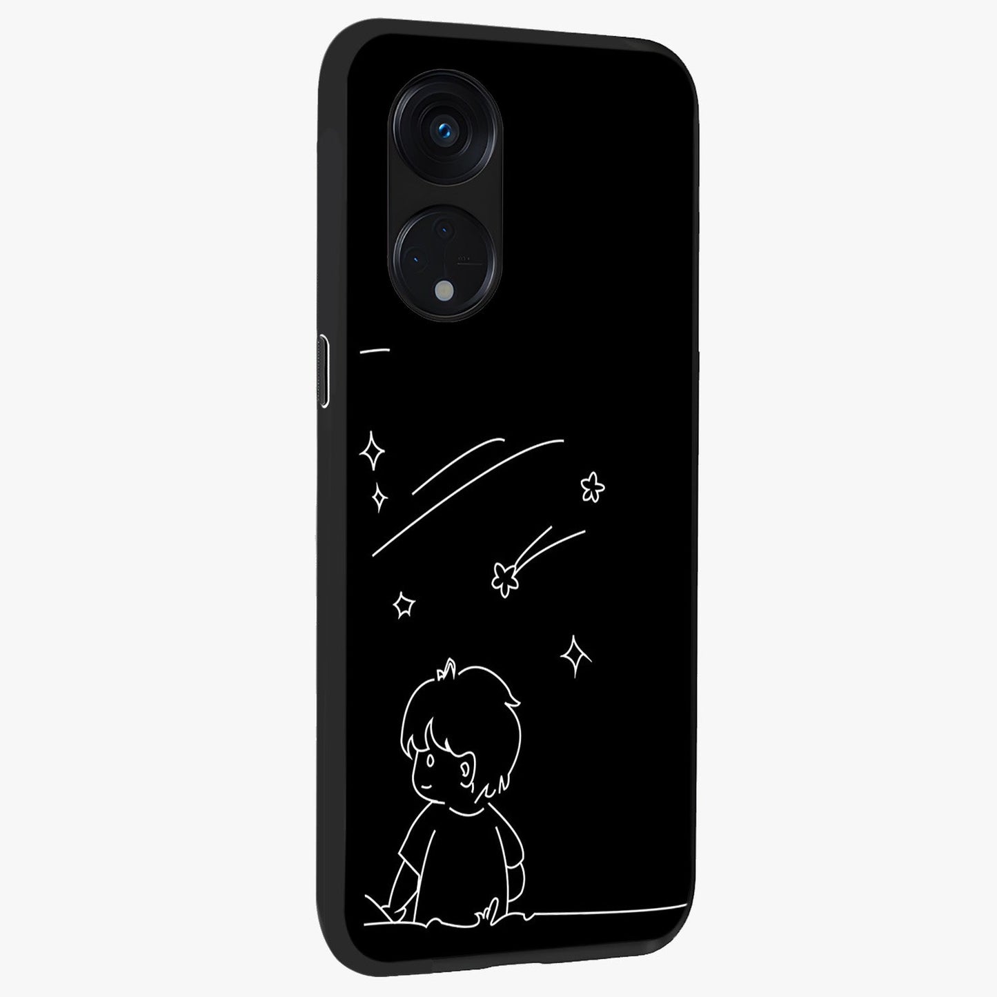 Line Art Boy With Shooting Stars Glass Case upright view showcasing artistic shooting star illustration with minimal style.