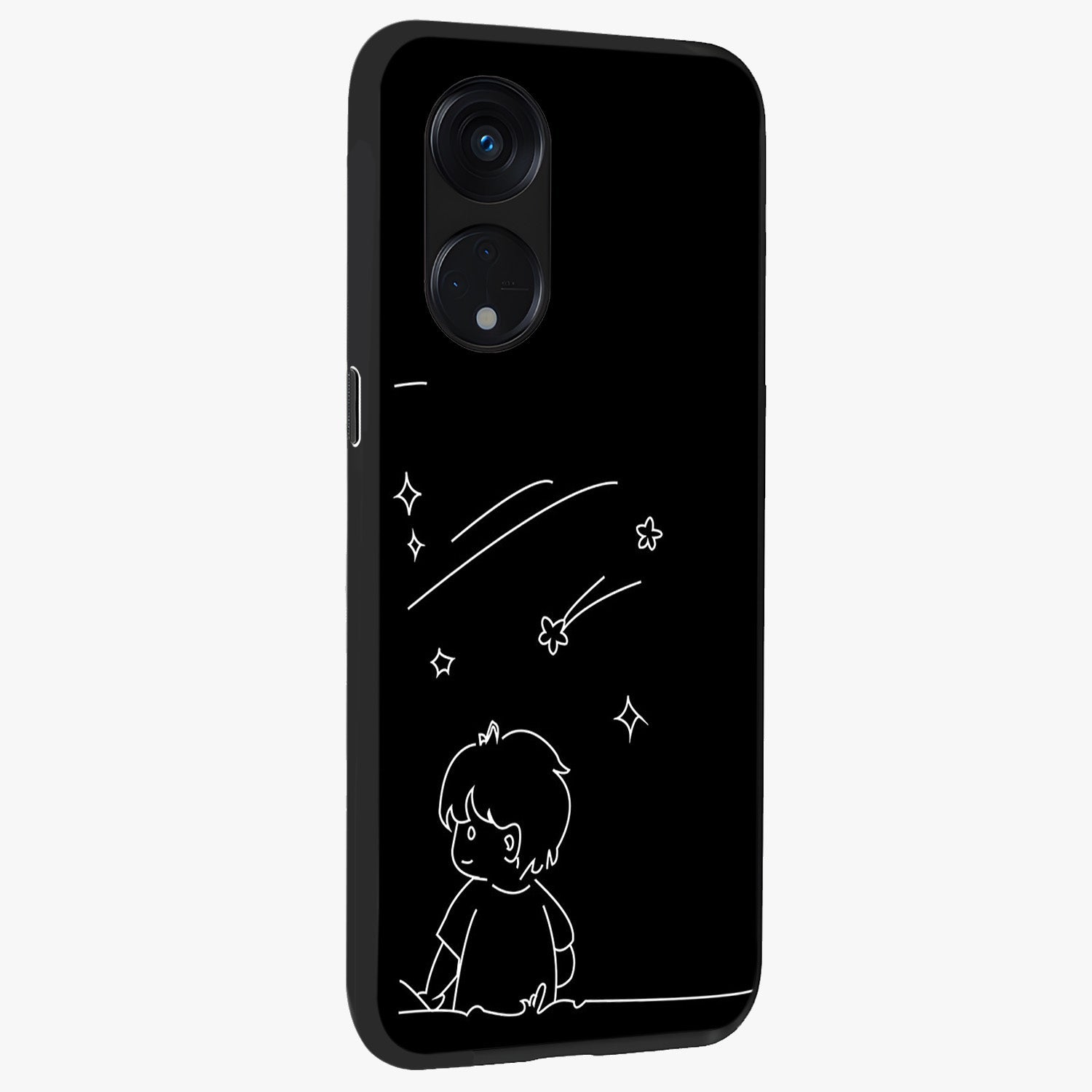 Line Art Boy With Shooting Stars Glass Case upright view showcasing artistic shooting star illustration with minimal style.