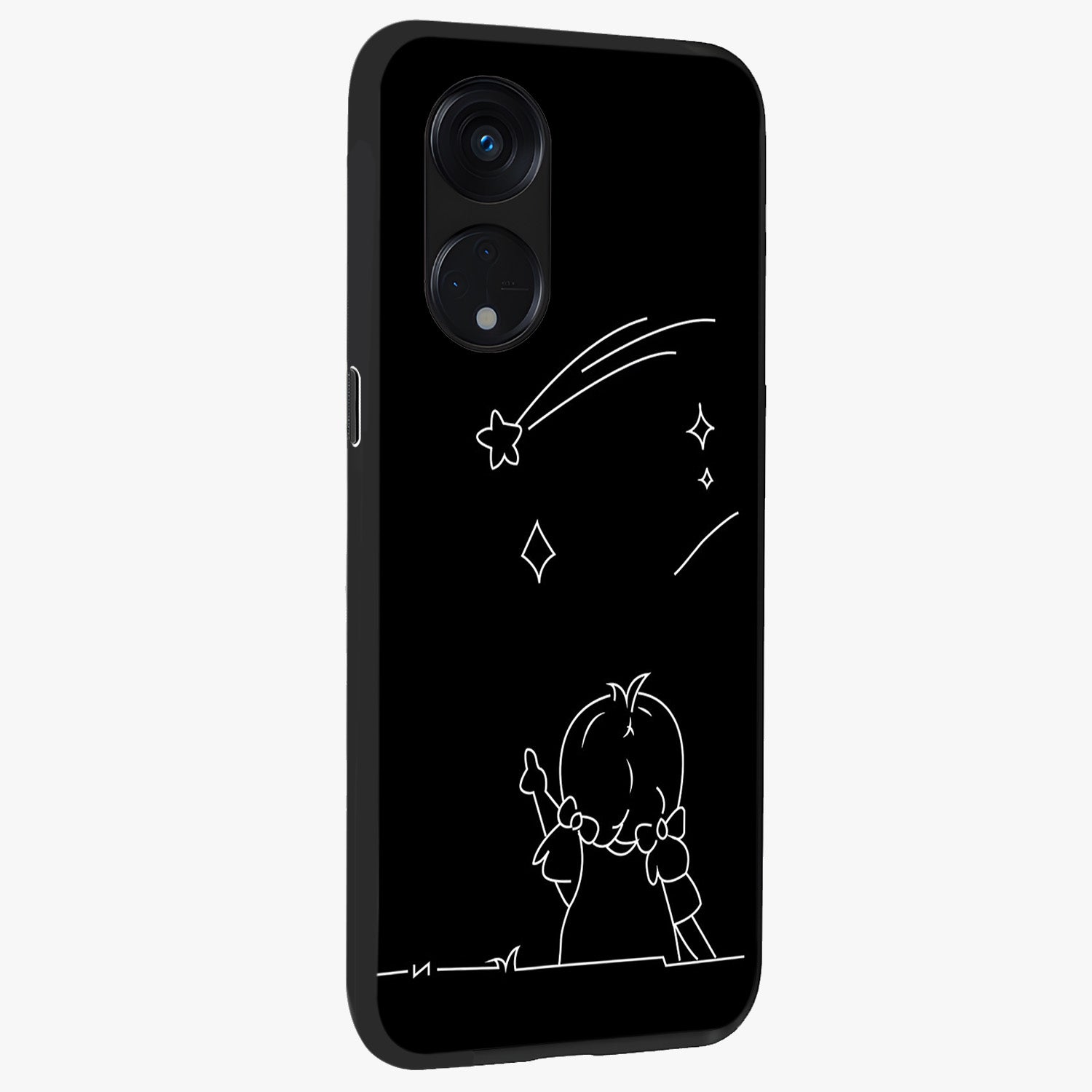 Line Art Girl With Shooting Stars Glass Case upright view showcasing delicate shooting stars artwork with minimal artistic theme.
