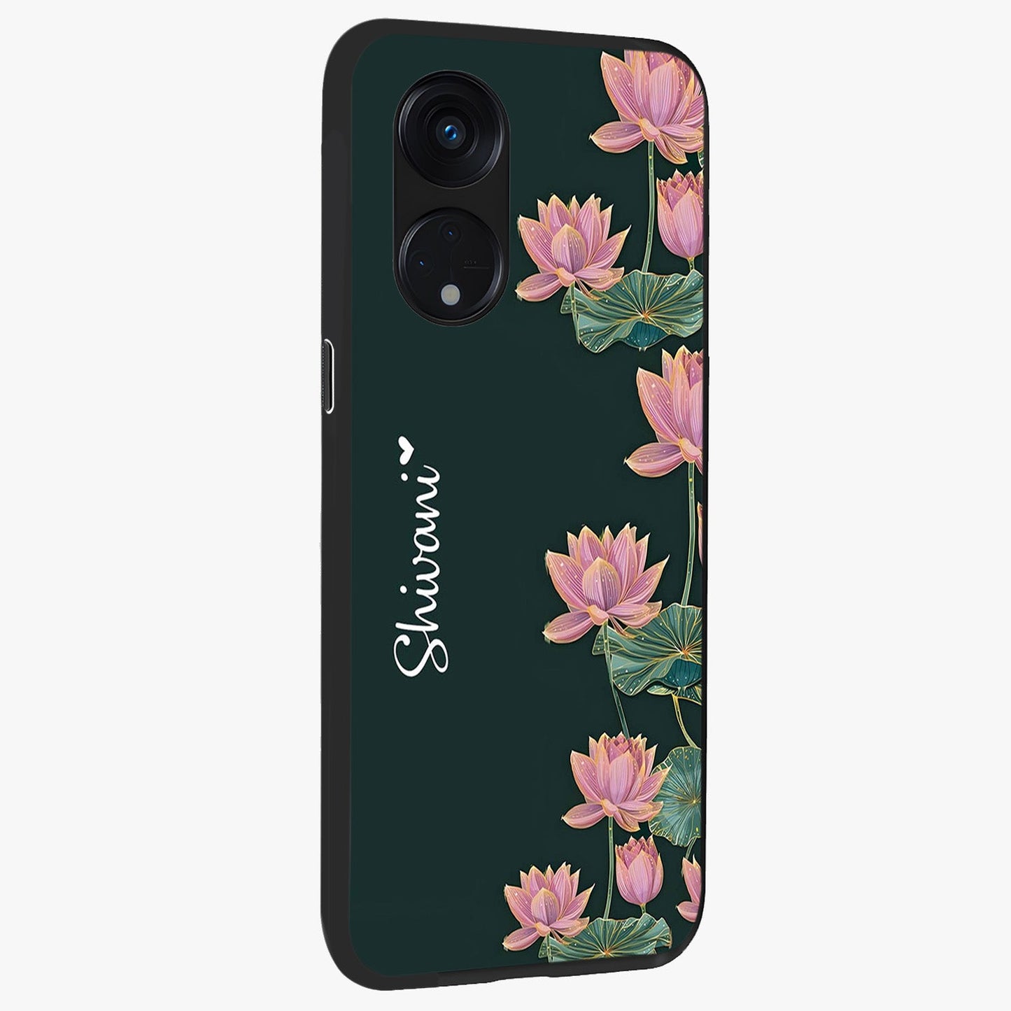 Lotus Bloom Serenity Custom Name Glass Case upright view showcasing serene lotus bloom artwork with personalized floral aesthetic.