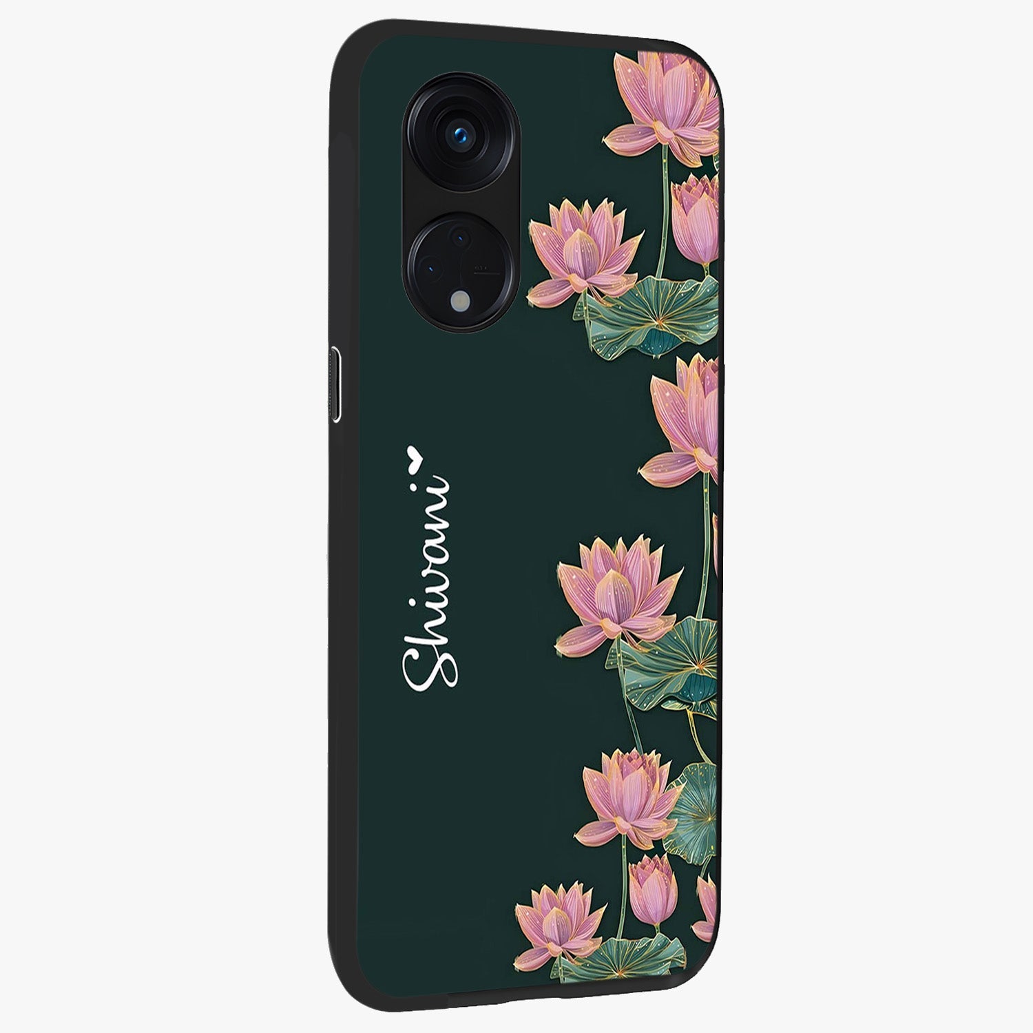 Lotus Bloom Serenity Custom Name Glass Case upright view showcasing serene lotus bloom artwork with personalized floral aesthetic.