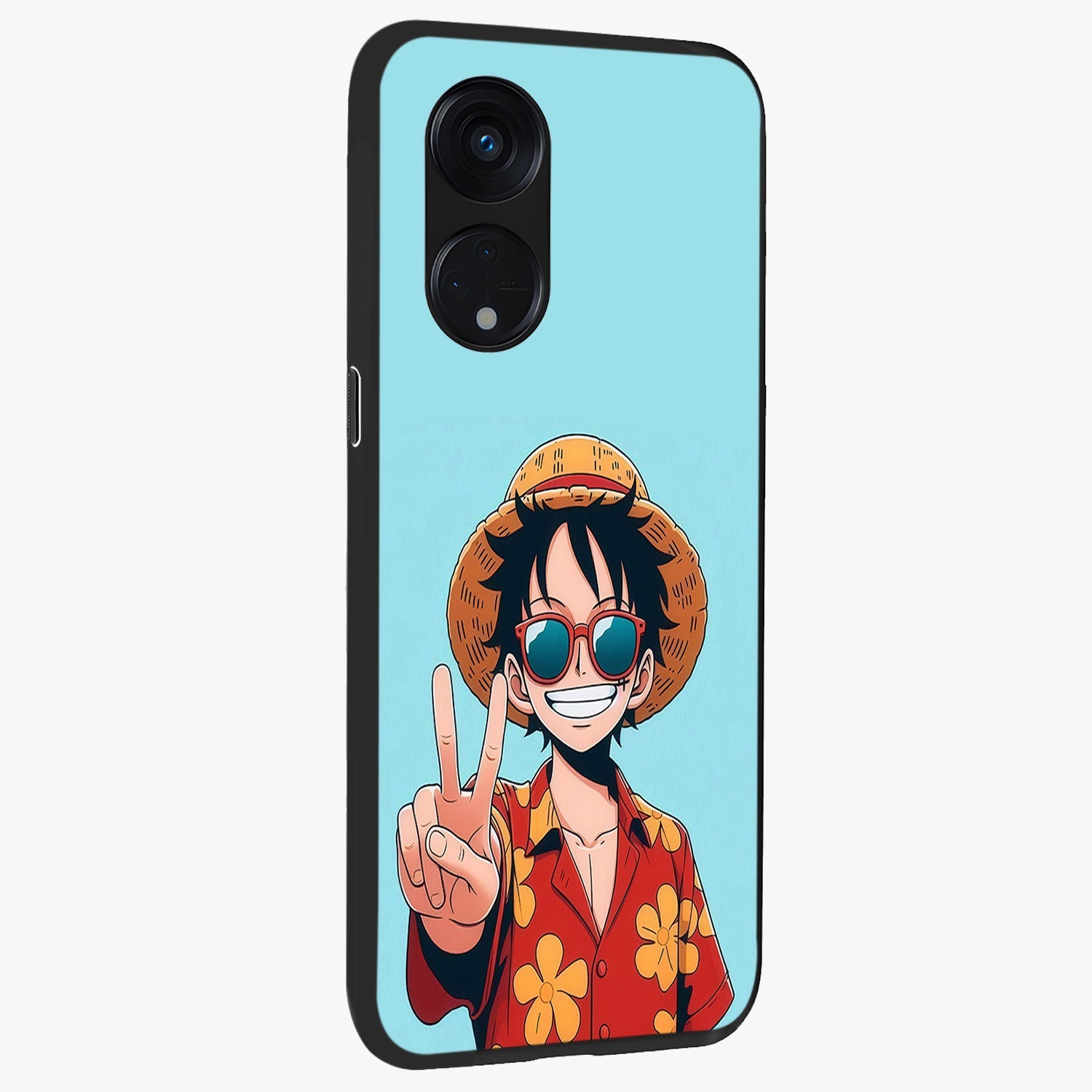 Luffy Summer Anime Vibe Glass Case upright view showcasing dynamic anime artwork with bright adventurous theme.