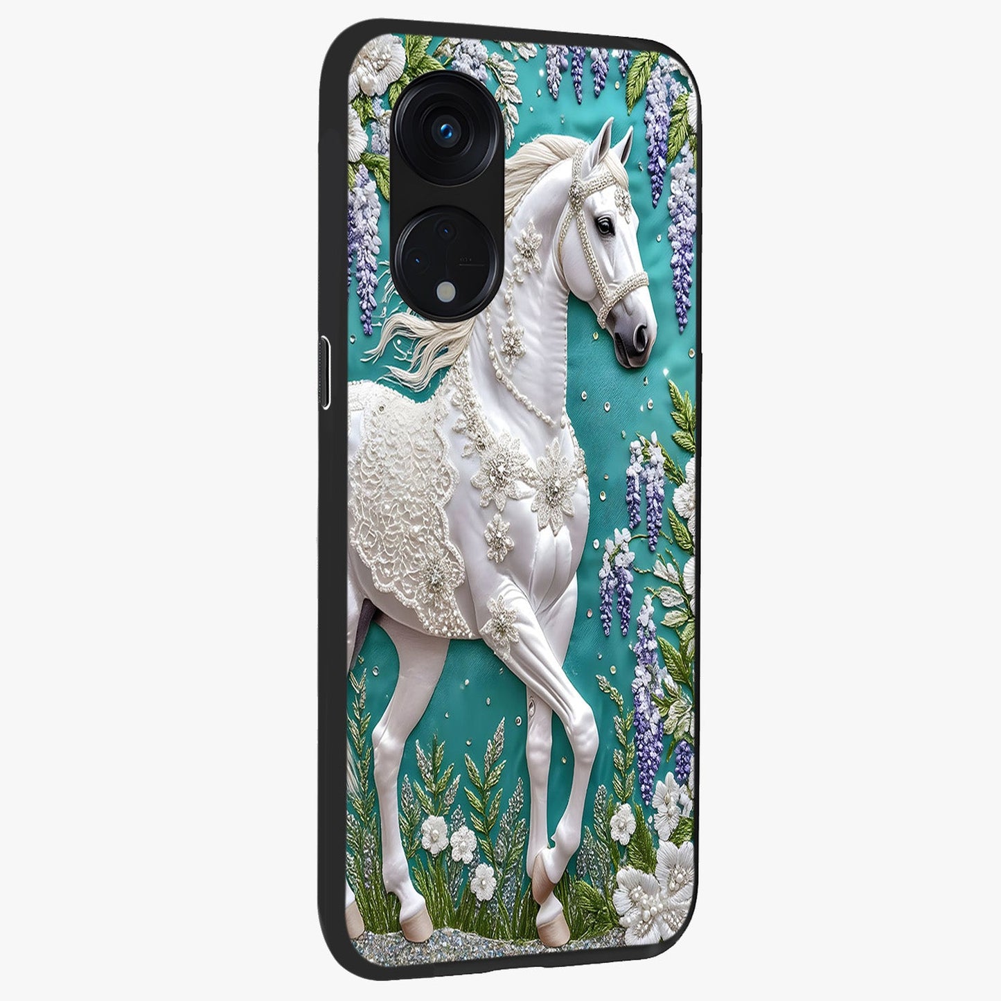Majestic Floral Stallion Glass Case upright view showcasing dramatic horse artwork with decorative floral theme.
