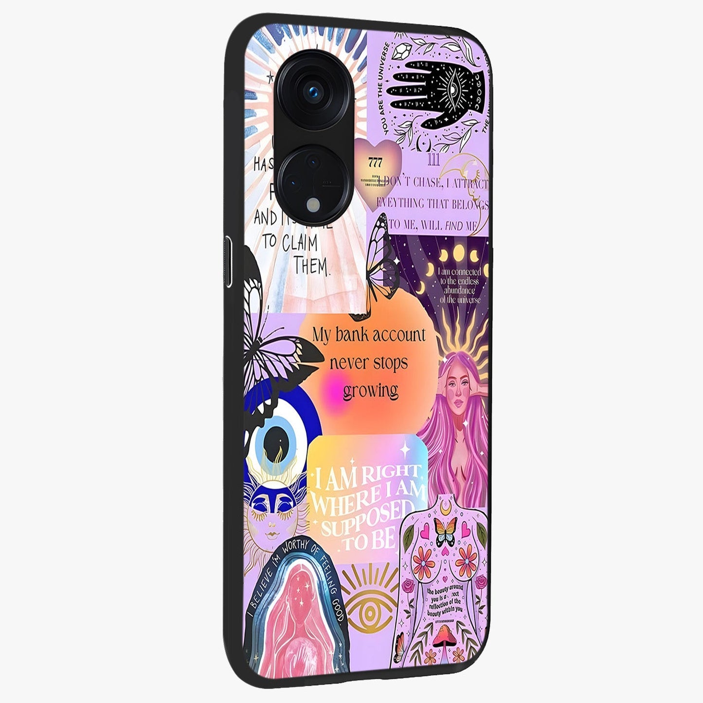 Manifestation Collage Glass Case upright view showcasing artistic manifestation themed artwork with creative style.