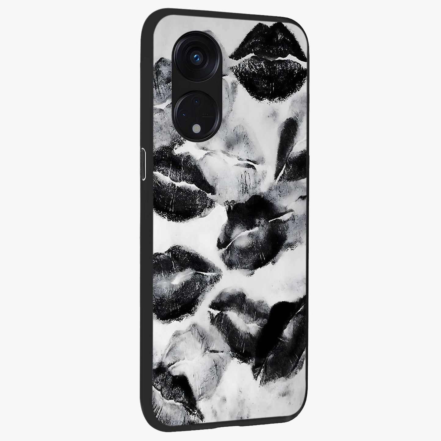 Midnight Kiss Marks Glass Case upright view showcasing stylish kiss mark artwork with trendy romantic theme.