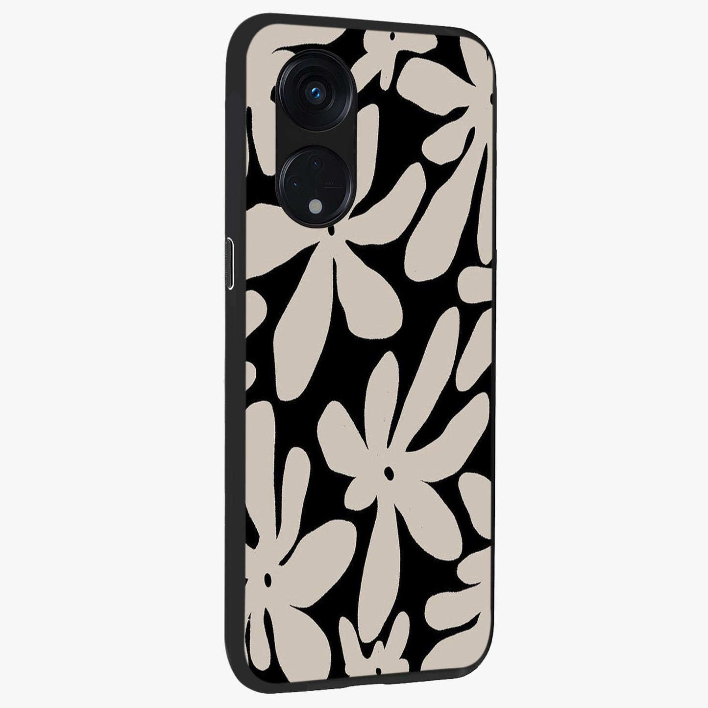 Monochrome Petal Dance Glass Case upright view showcasing artistic floral pattern with stylish monochrome theme.