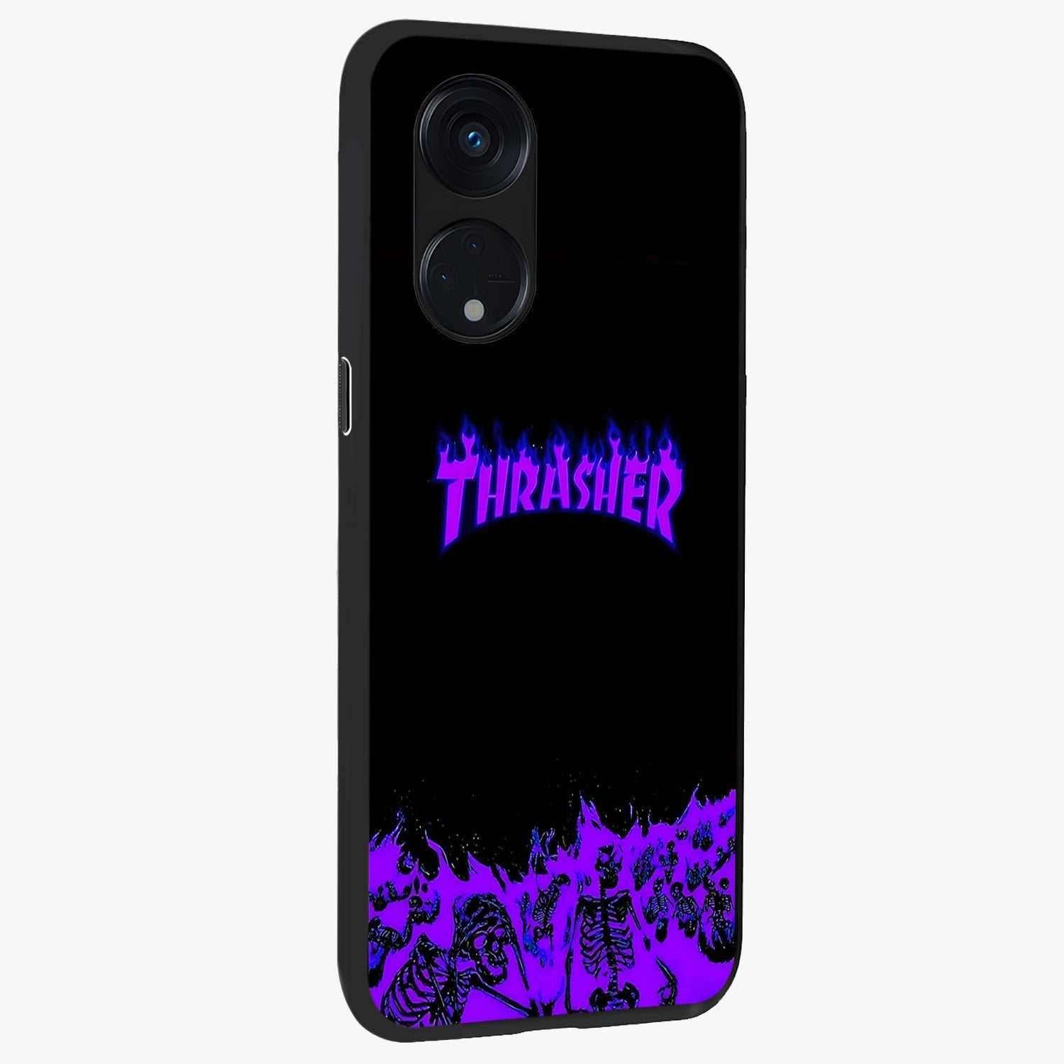 Neon Flame Riot Glass Case upright view showcasing dynamic flame artwork with energetic neon theme.