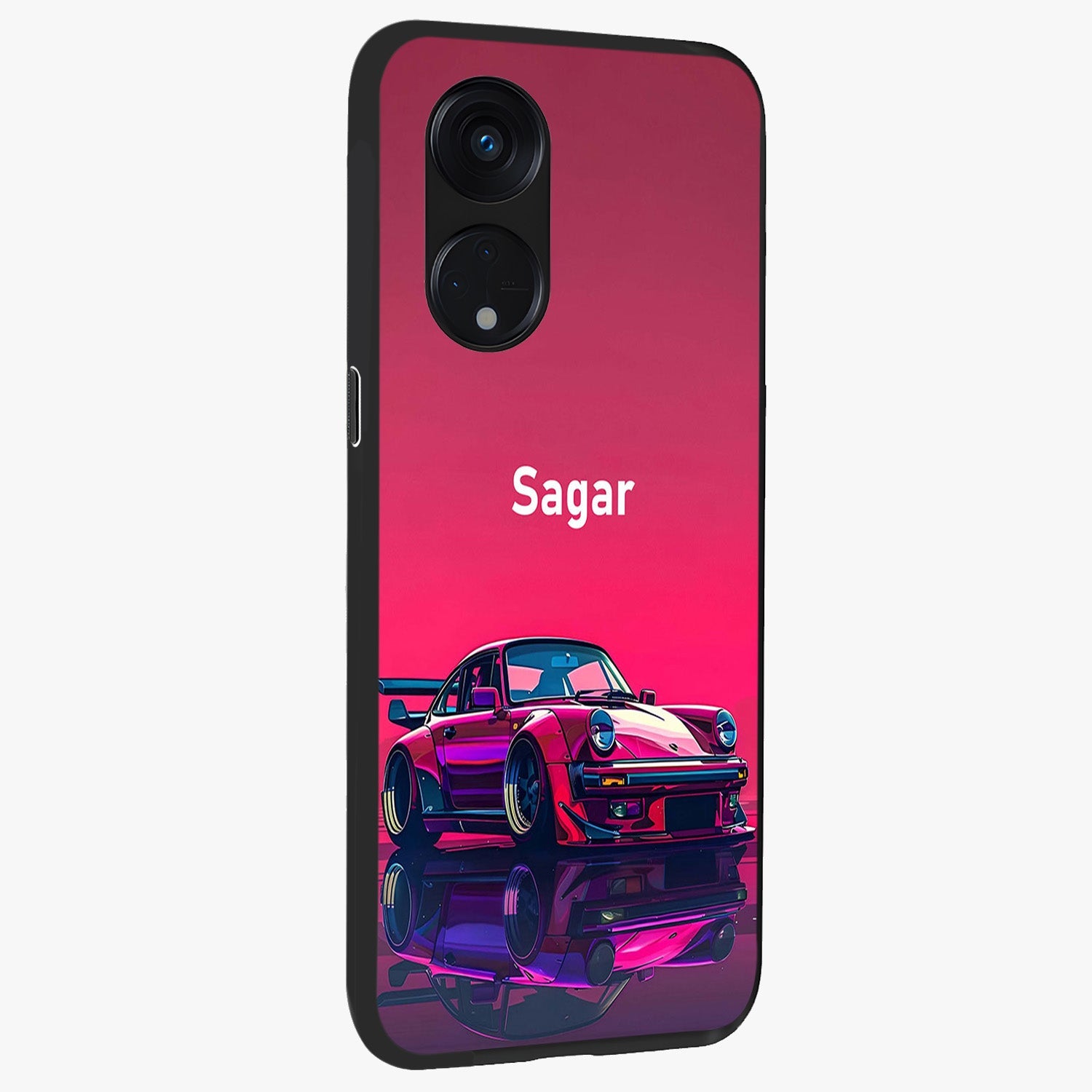 Neon Pink Porsche Glass Case upright view showcasing vibrant sports car artwork with bold automotive theme.