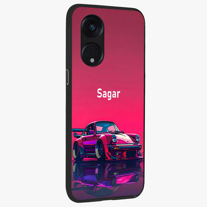 Neon Pink Porsche Glass Case upright view showcasing vibrant sports car artwork with bold automotive theme.