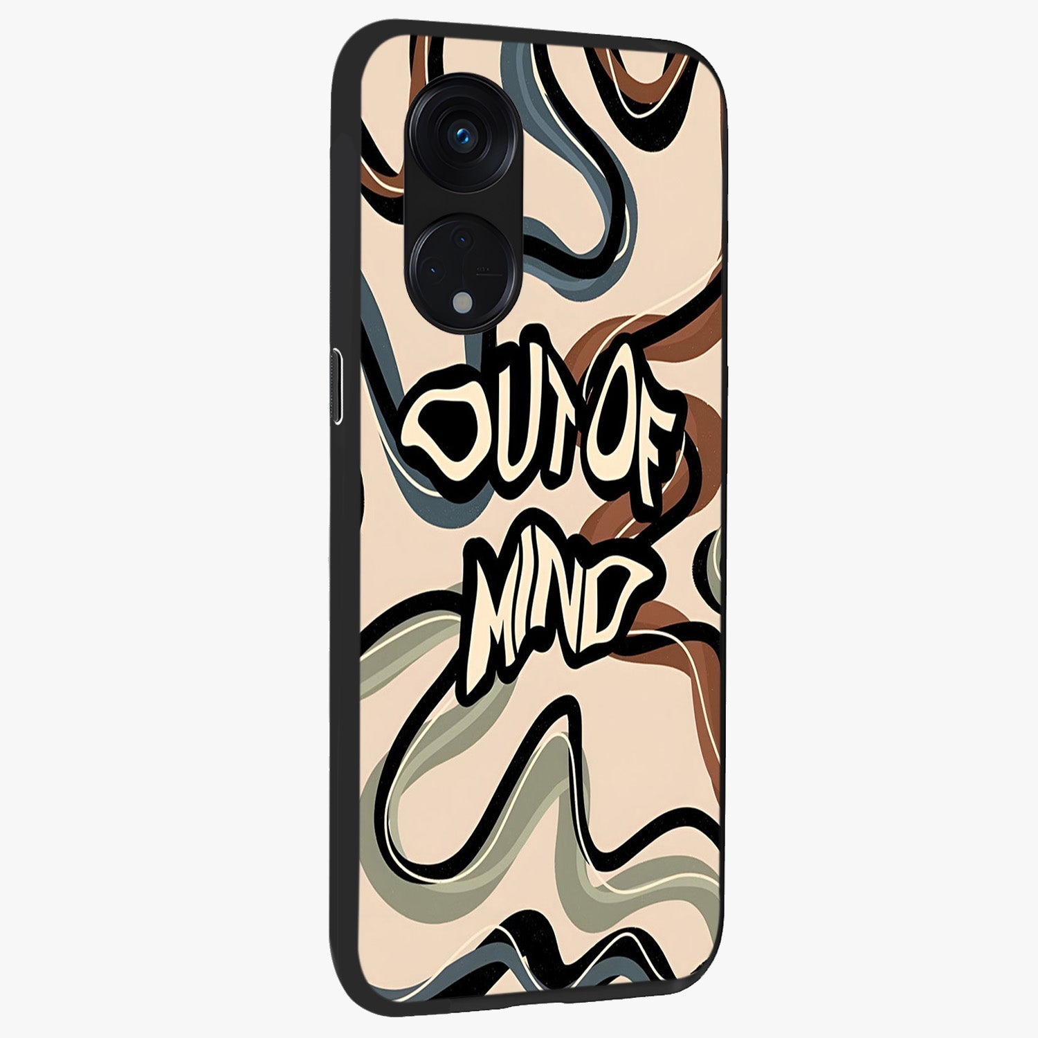 Out Of Mind Glass Case upright view showcasing striking typography artwork with edgy conceptual theme.