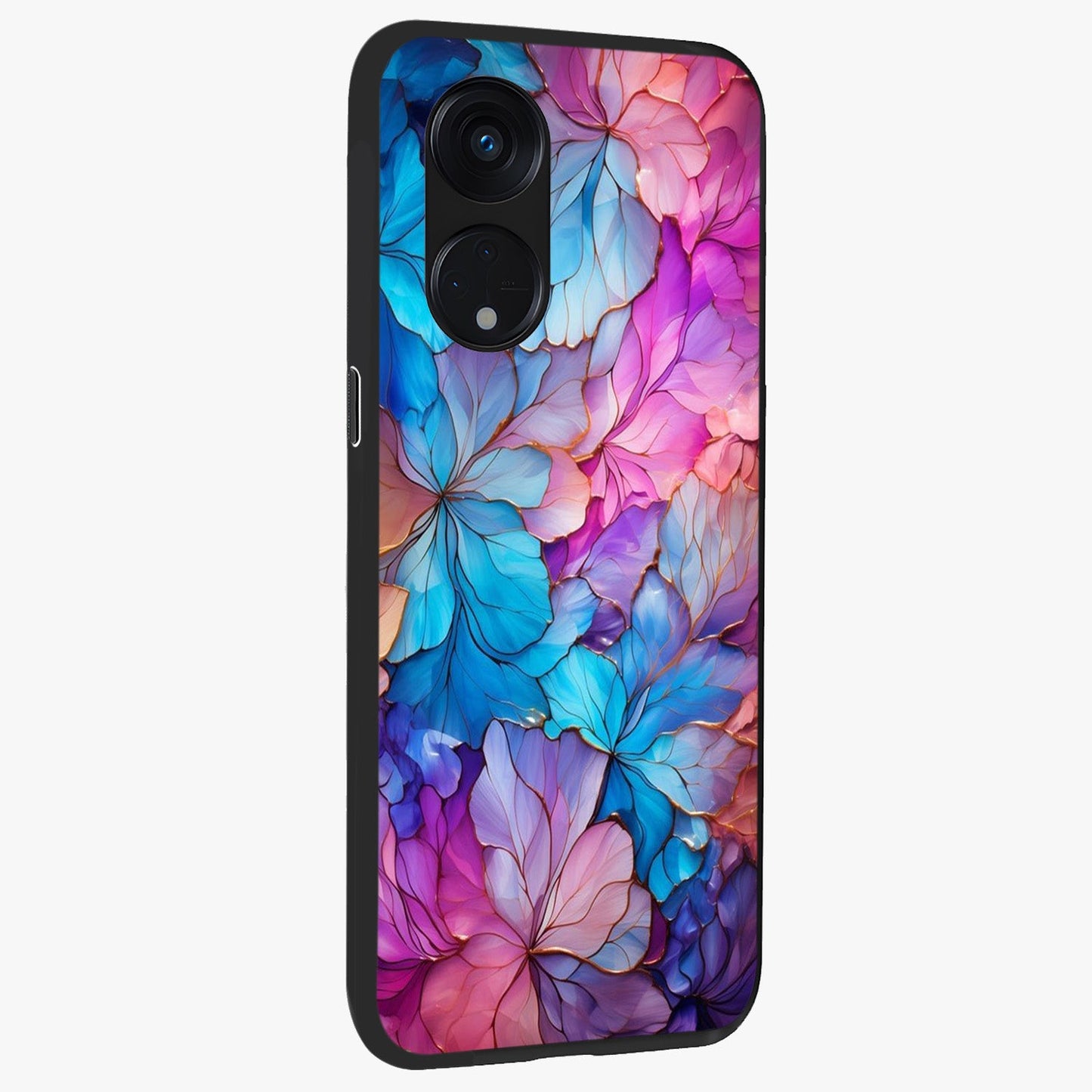 Radiant Floral Whirl Glass Case upright view showcasing lively floral artwork with decorative swirl theme.