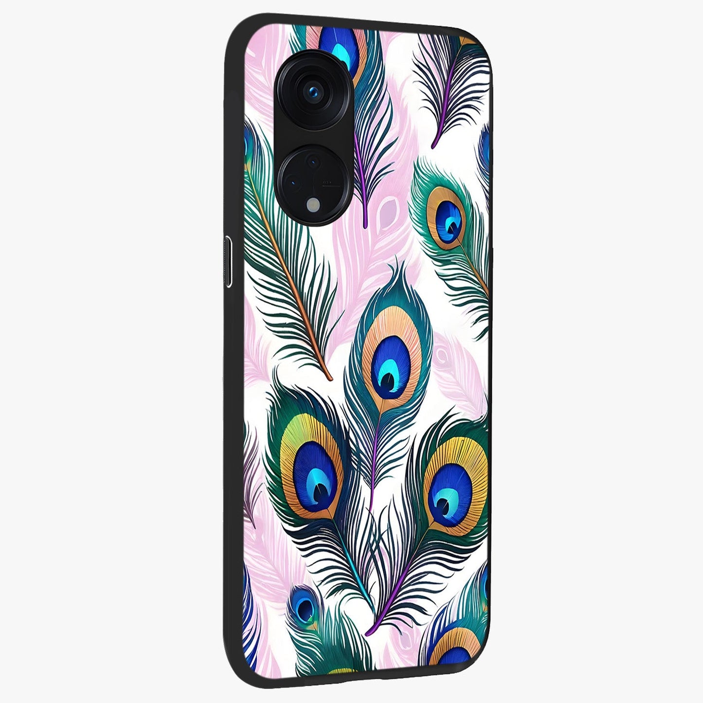 Royal Peacock Feathers Glass Case upright view showcasing elegant peacock feather artwork with decorative royal theme.